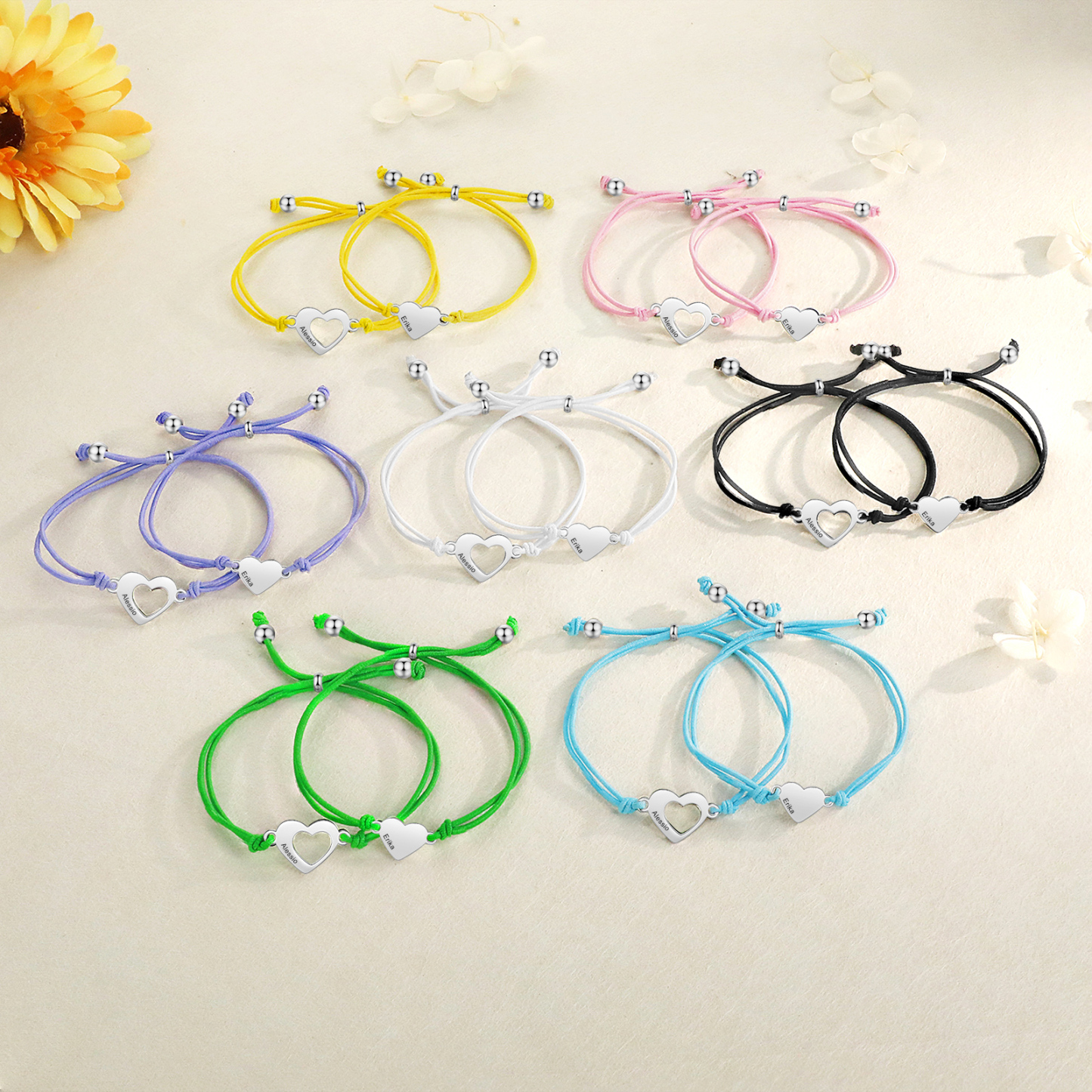 2-PCS Personalized 2 Names Elastic Cord Heart Bracelet, Back To School Gift For Daughter