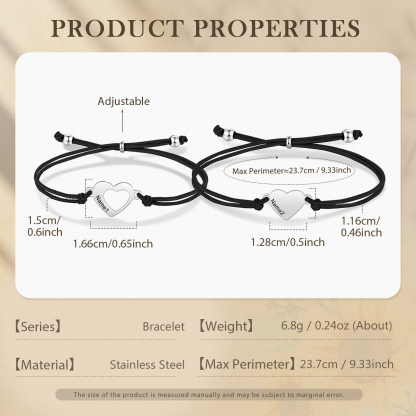 2-PCS Personalized 2 Names Elastic Cord Heart Bracelet, Back To School Gift For Daughter