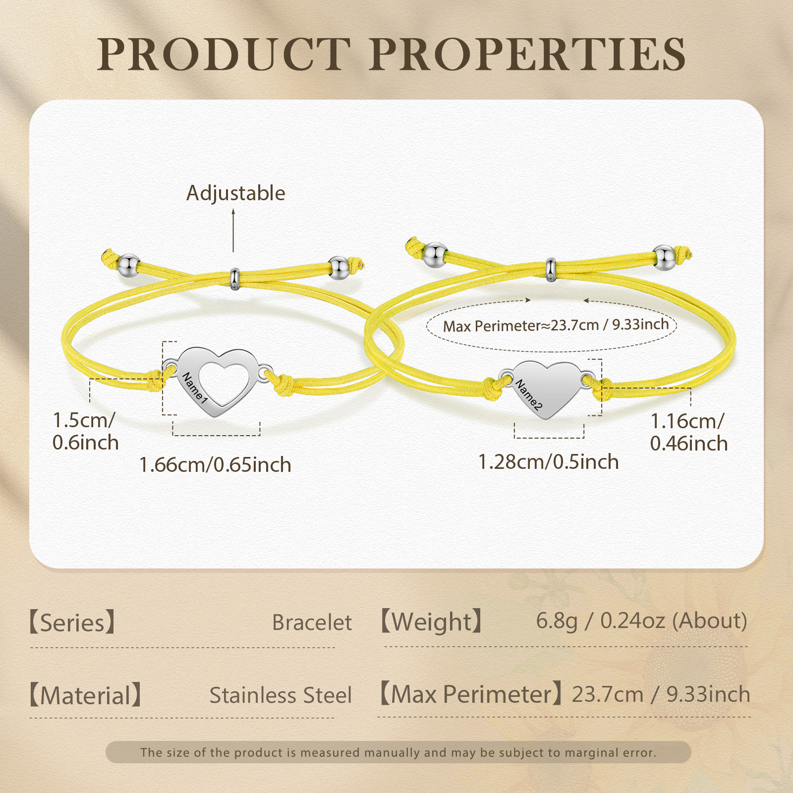 2-PCS Personalized 2 Names Elastic Cord Heart Bracelet, Back To School Gift For Daughter