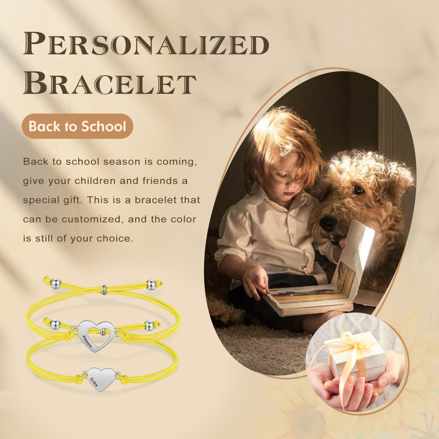 2-PCS Personalized 2 Names Elastic Cord Heart Bracelet, Back To School Gift For Daughter