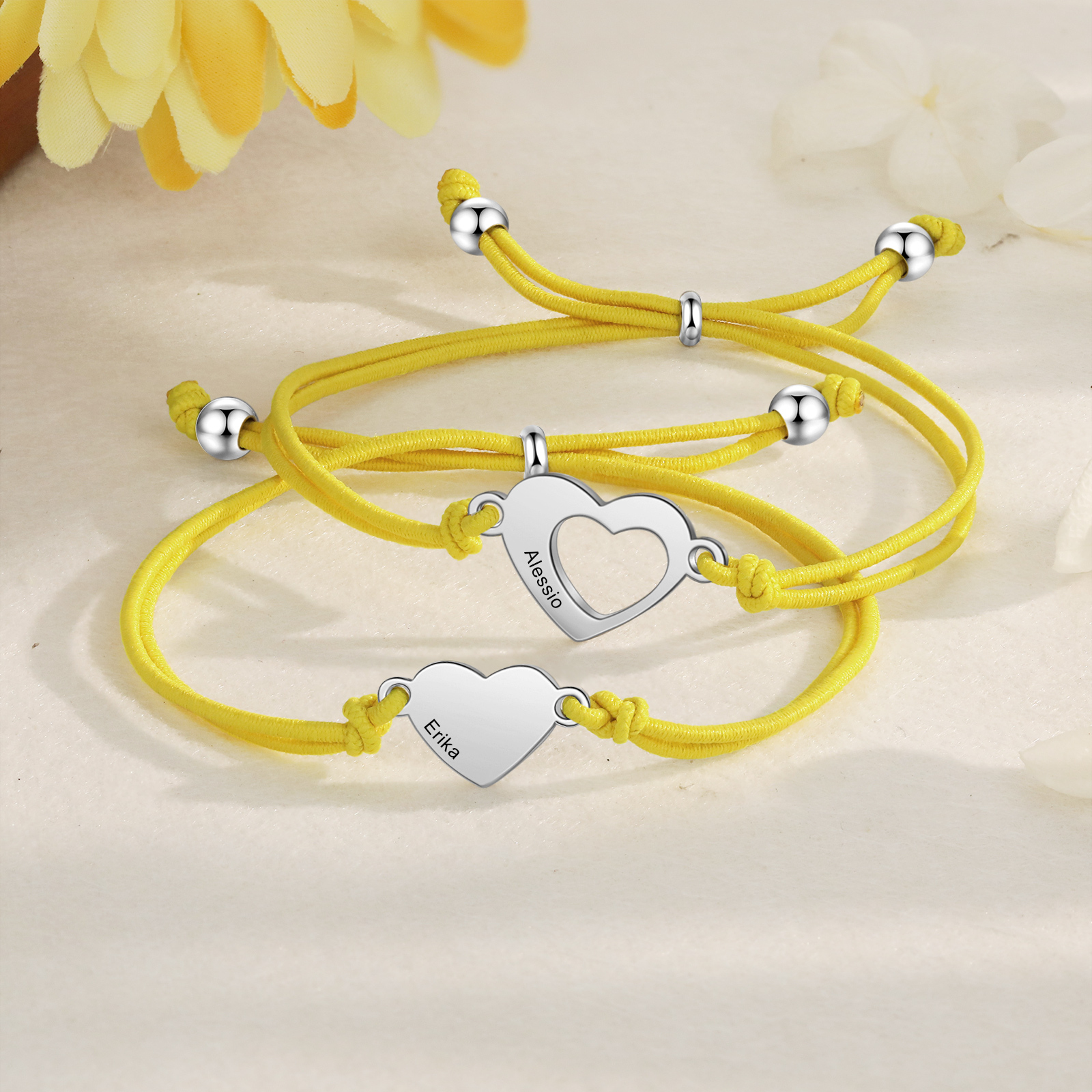 2-PCS Personalized 2 Names Elastic Cord Heart Bracelet, Back To School Gift For Daughter