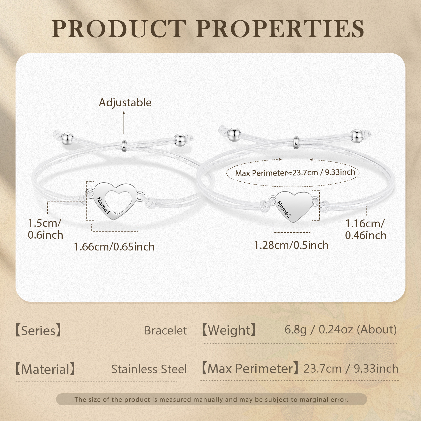 2-PCS Personalized 2 Names Elastic Cord Heart Bracelet, Back To School Gift For Daughter