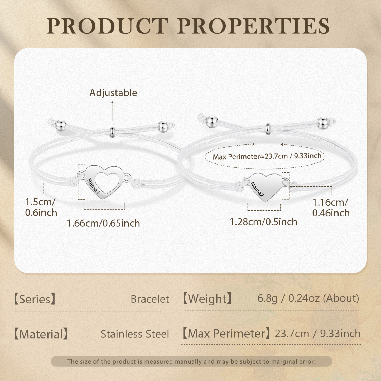 2-PCS Personalized 2 Names Elastic Cord Heart Bracelet, Back To School Gift For Daughter