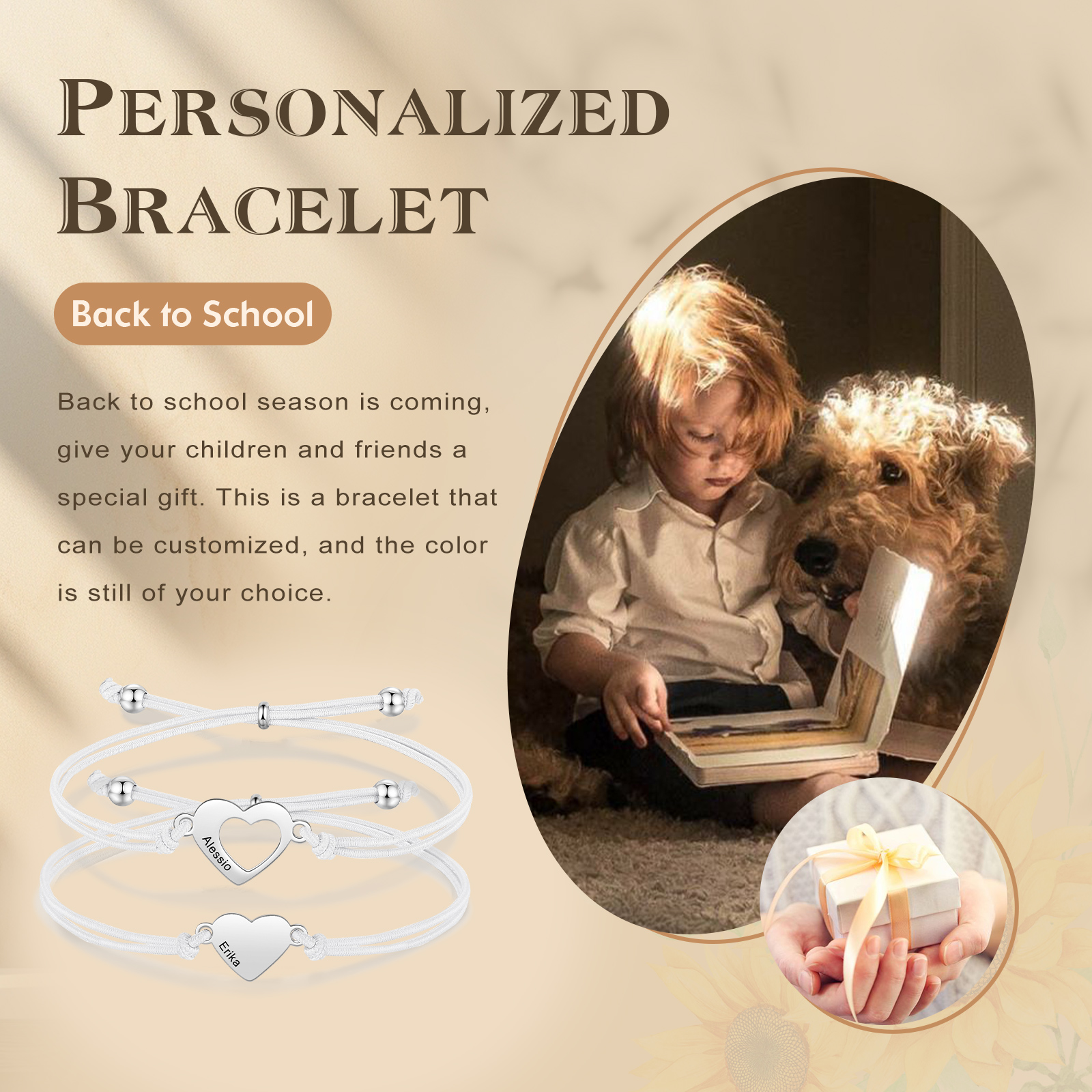 2-PCS Personalized 2 Names Elastic Cord Heart Bracelet, Back To School Gift For Daughter