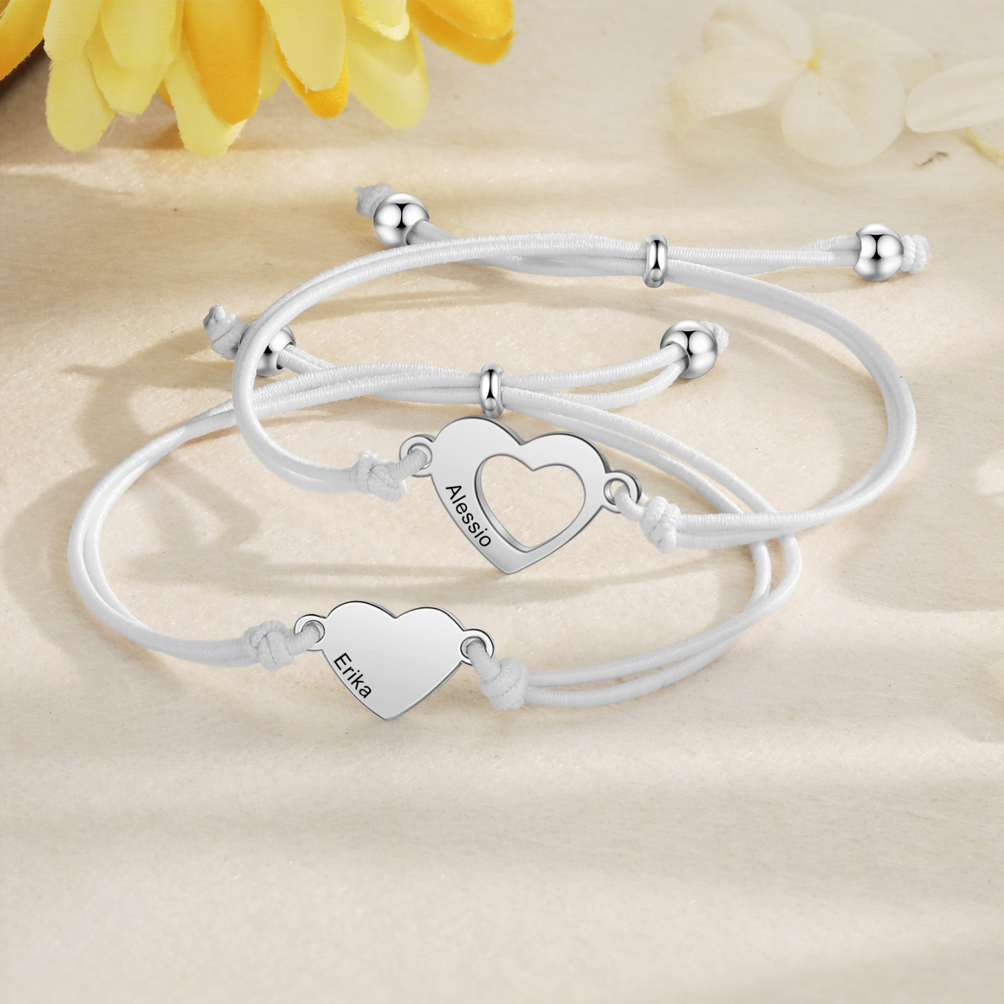 2-PCS Personalized 2 Names Elastic Cord Heart Bracelet, Back To School Gift For Daughter