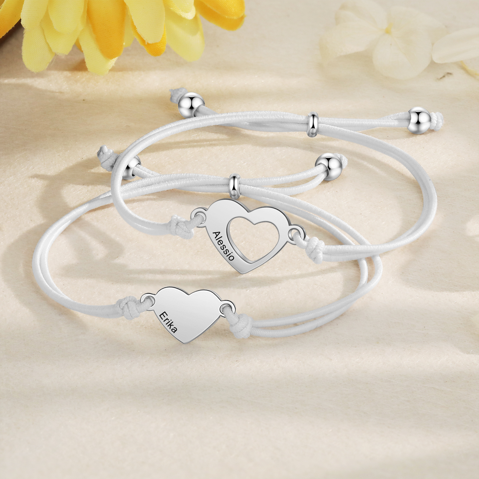 2-PCS Personalized 2 Names Elastic Cord Heart Bracelet, Back To School Gift For Daughter