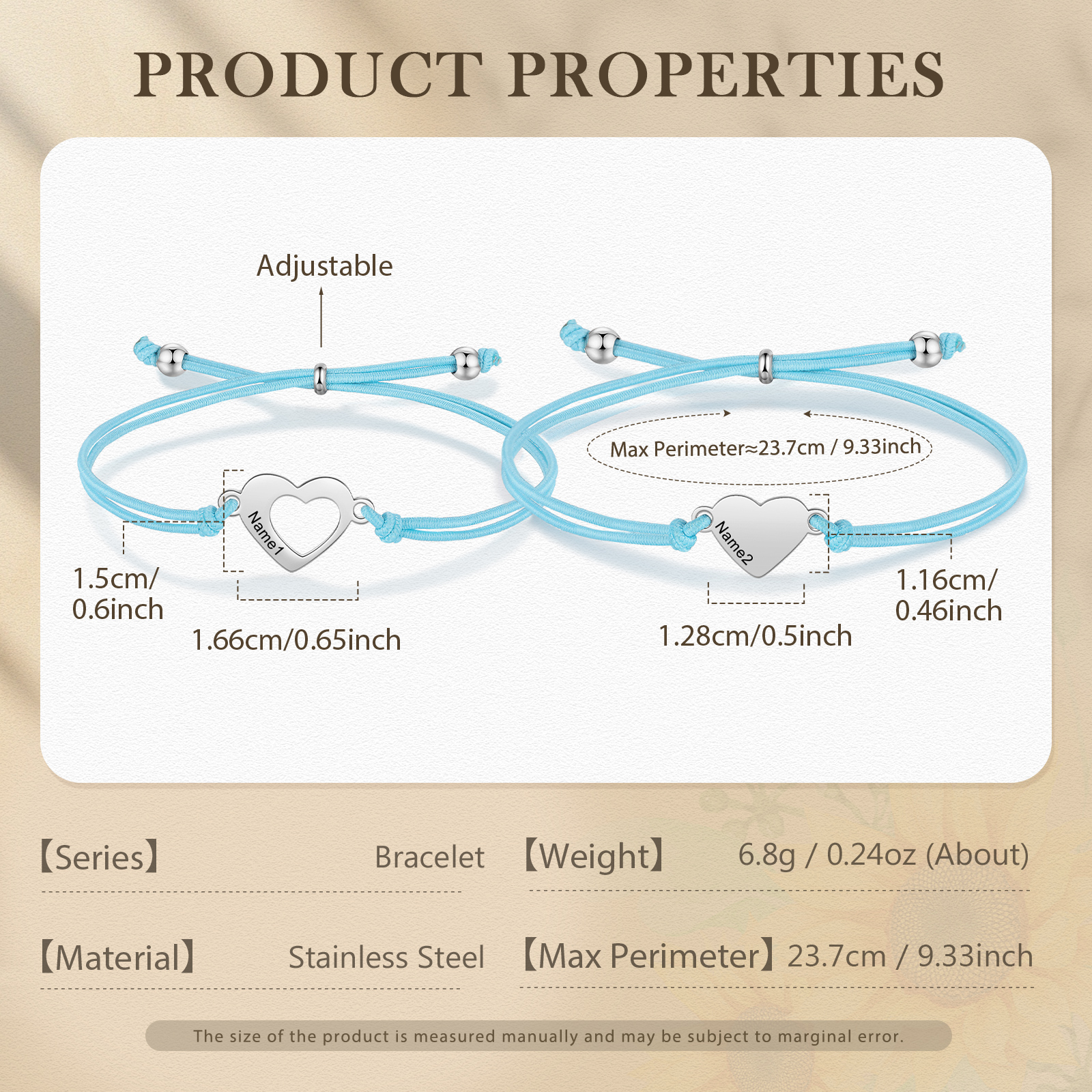 2-PCS Personalized 2 Names Elastic Cord Heart Bracelet, Back To School Gift For Daughter