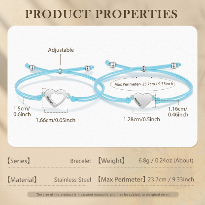 2-PCS Personalized 2 Names Elastic Cord Heart Bracelet, Back To School Gift For Daughter