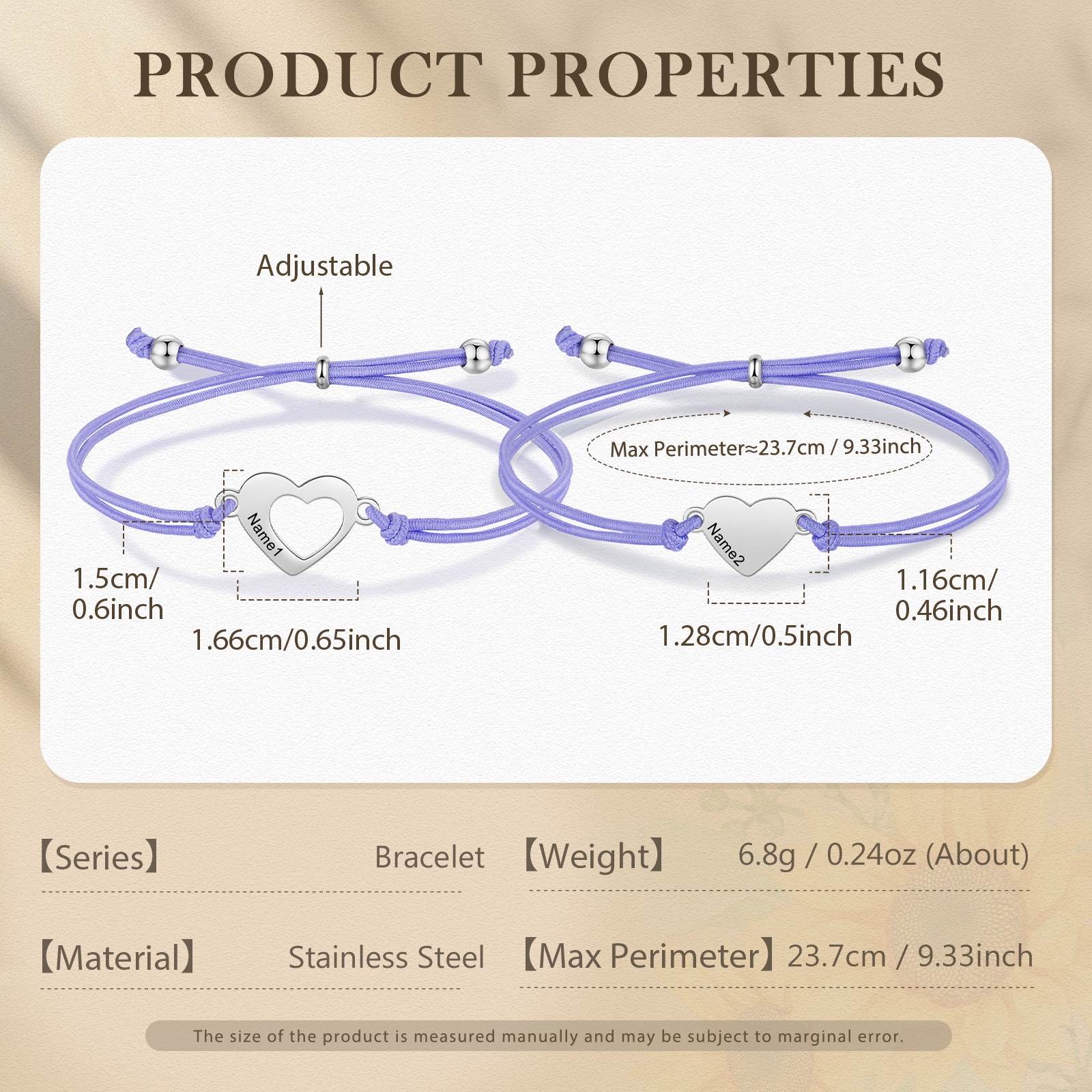 2-PCS Personalized 2 Names Elastic Cord Heart Bracelet, Back To School Gift For Daughter