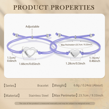 2-PCS Personalized 2 Names Elastic Cord Heart Bracelet, Back To School Gift For Daughter