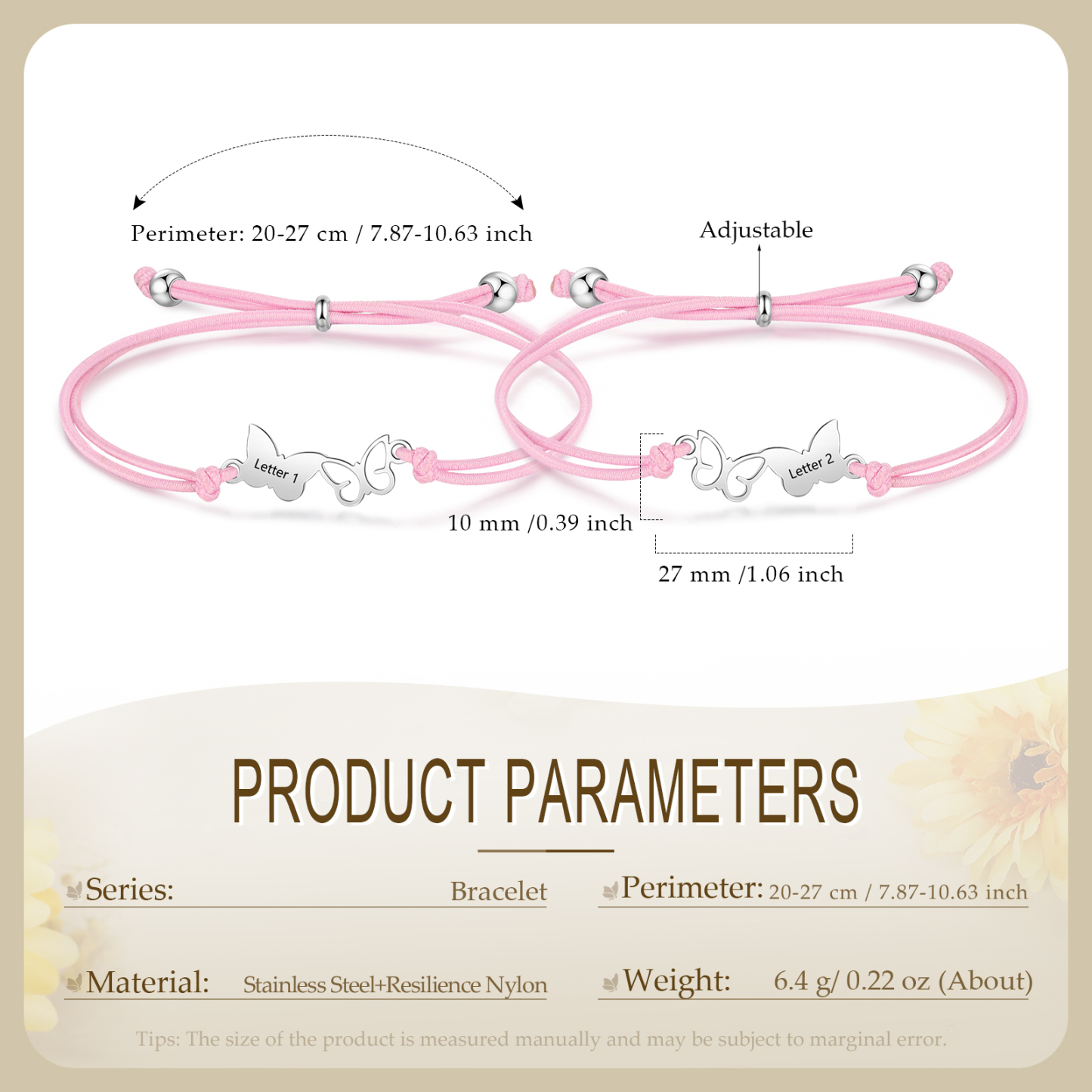 2-PCS Personalized Elastic Cord Bracelet with Butterfly Pattern, Customized with 2 Letters, Gift for Daughter