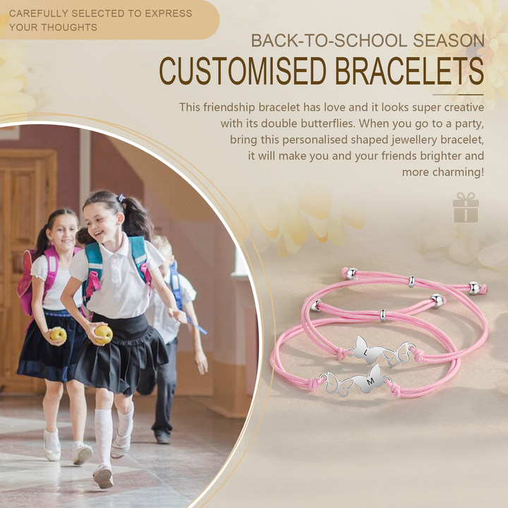 2-PCS Personalized Elastic Cord Bracelet with Butterfly Pattern, Customized with 2 Letters, Gift for Daughter