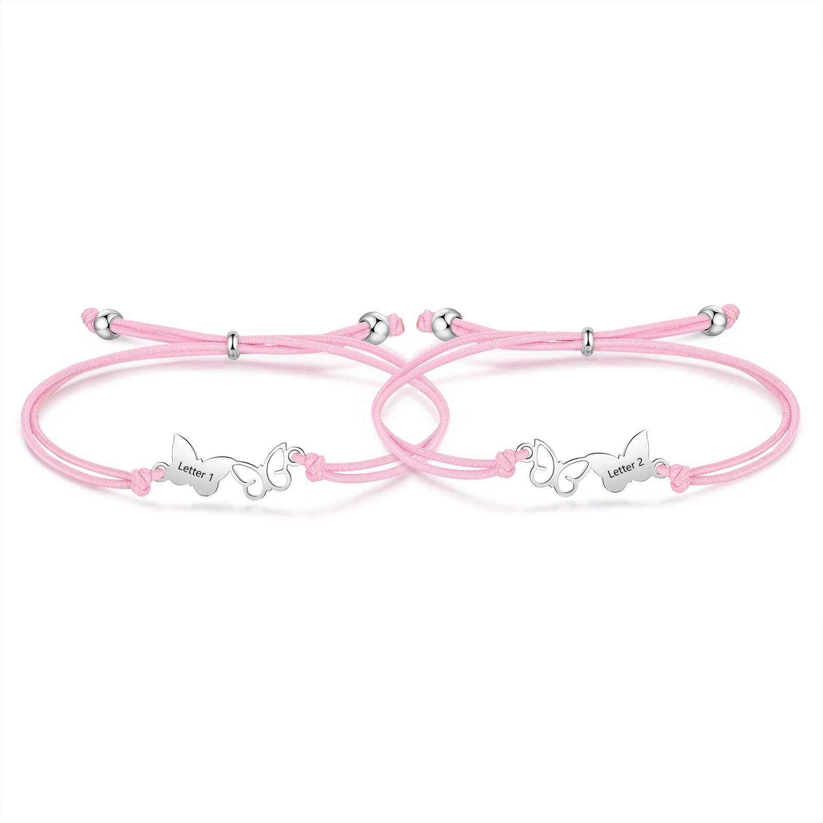2-PCS Personalized Elastic Cord Bracelet with Butterfly Pattern, Customized with 2 Letters, Gift for Daughter