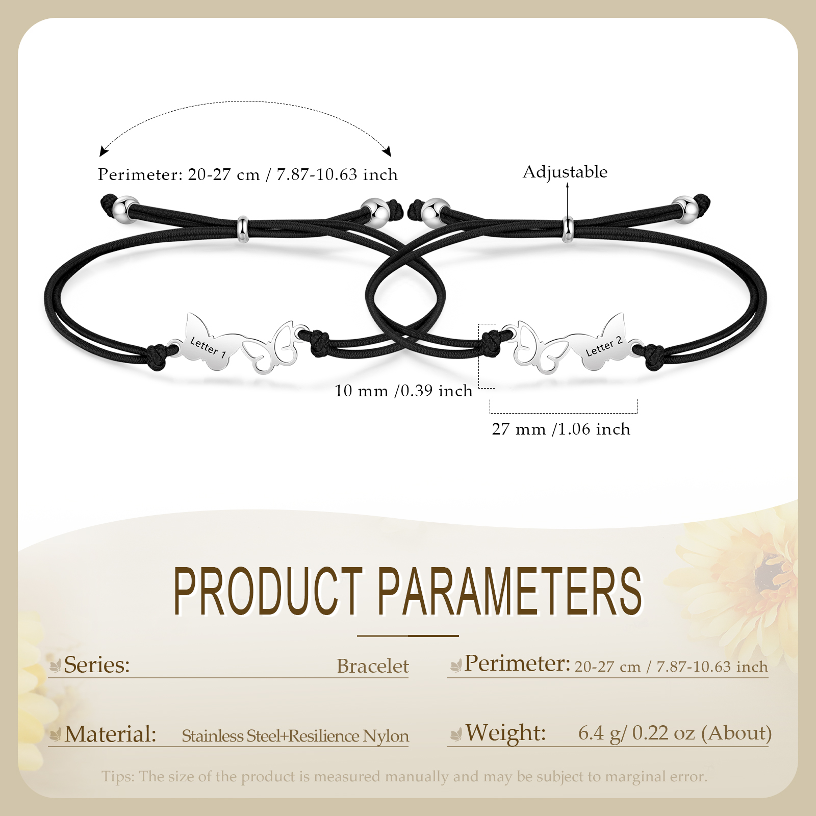 2-PCS Personalized Elastic Cord Bracelet with Butterfly Pattern, Customized with 2 Letters, Gift for Daughter