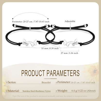 2-PCS Personalized Elastic Cord Bracelet with Butterfly Pattern, Customized with 2 Letters, Gift for Daughter