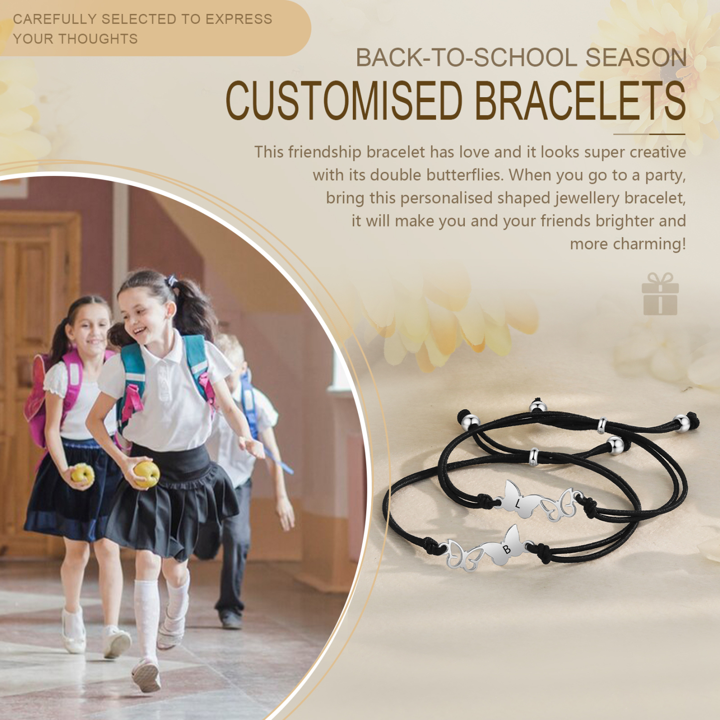 2-PCS Personalized Elastic Cord Bracelet with Butterfly Pattern, Customized with 2 Letters, Gift for Daughter