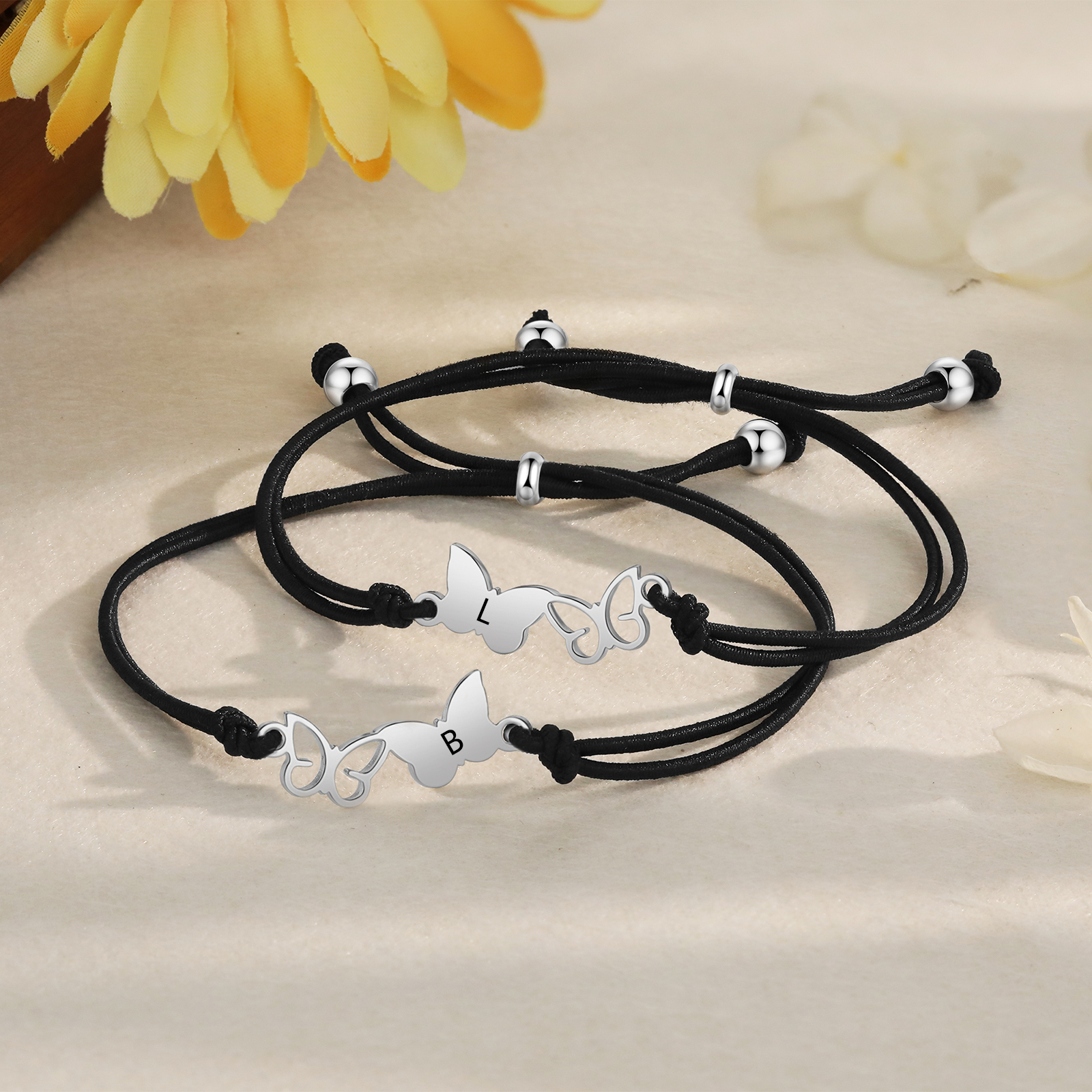 2-PCS Personalized Elastic Cord Bracelet with Butterfly Pattern, Customized with 2 Letters, Gift for Daughter