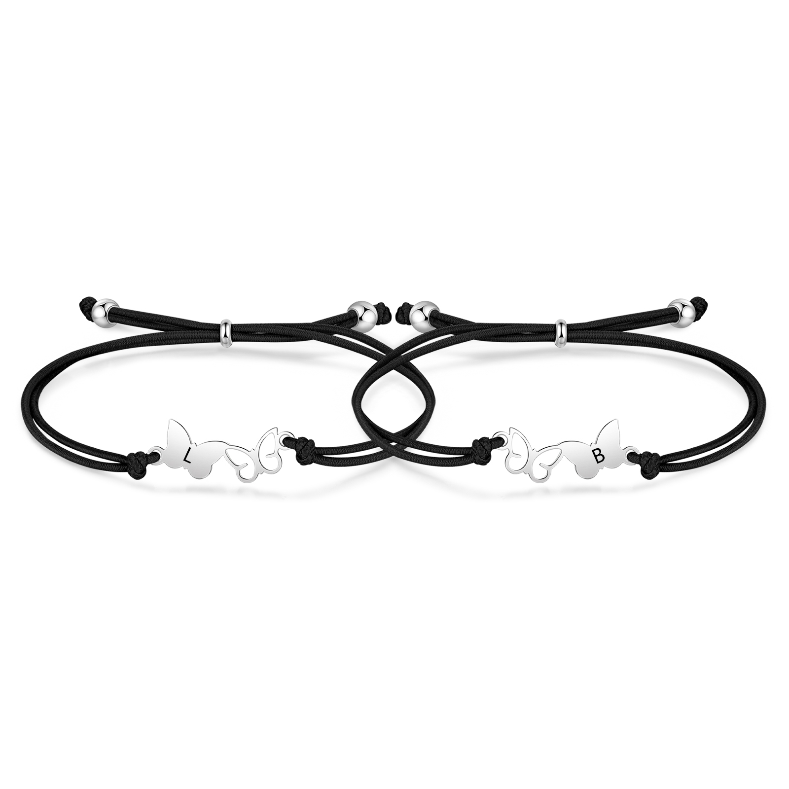 2-PCS Personalized Elastic Cord Bracelet with Butterfly Pattern, Customized with 2 Letters, Gift for Daughter