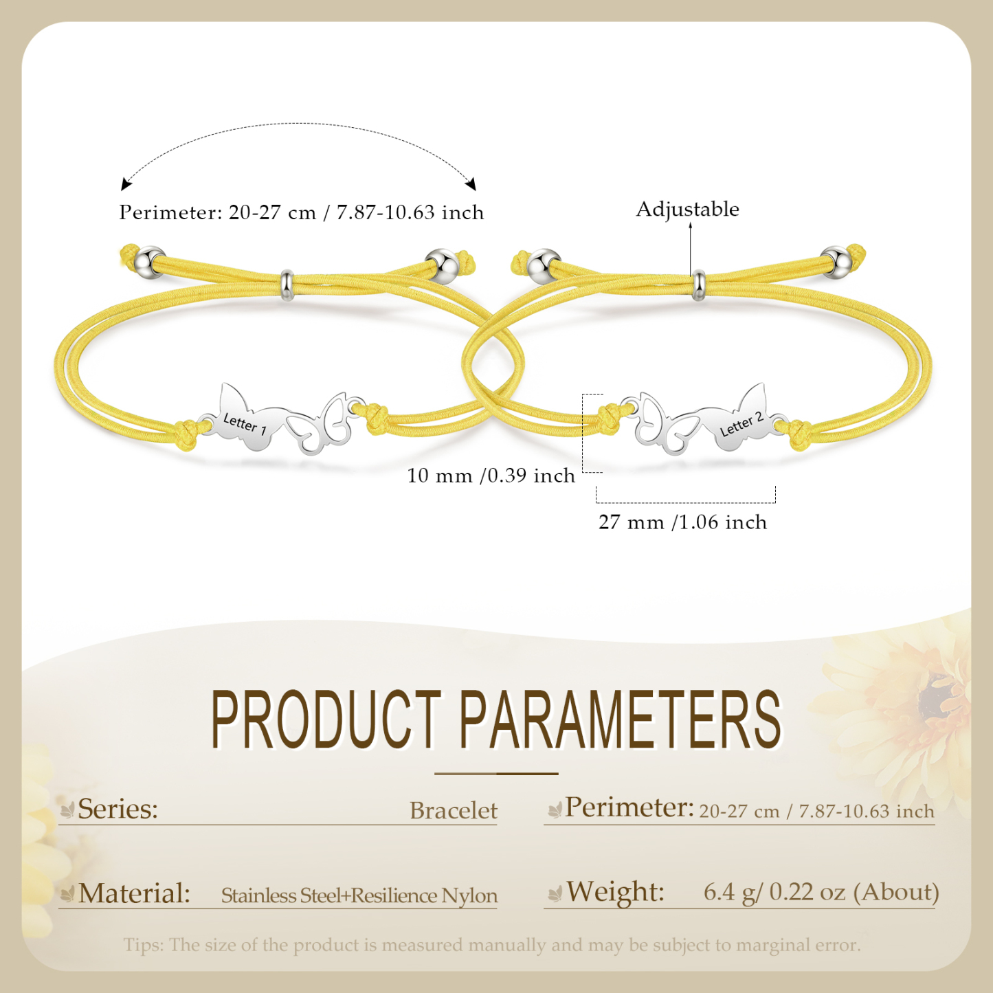 2-PCS Personalized Elastic Cord Bracelet with Butterfly Pattern, Customized with 2 Letters, Gift for Daughter