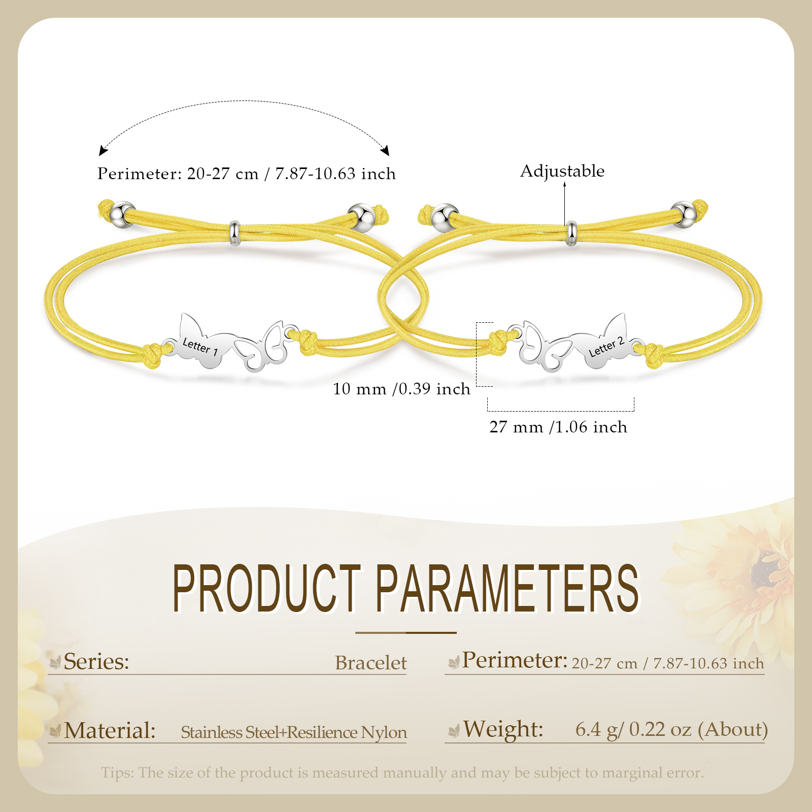 2-PCS Personalized Elastic Cord Bracelet with Butterfly Pattern, Customized with 2 Letters, Gift for Daughter