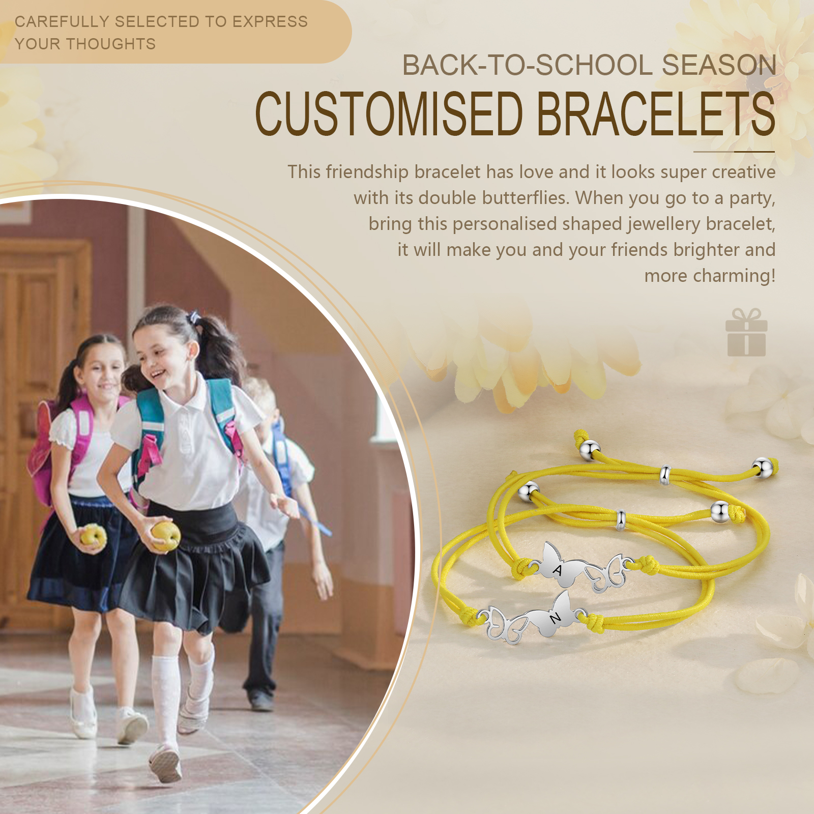 2-PCS Personalized Elastic Cord Bracelet with Butterfly Pattern, Customized with 2 Letters, Gift for Daughter