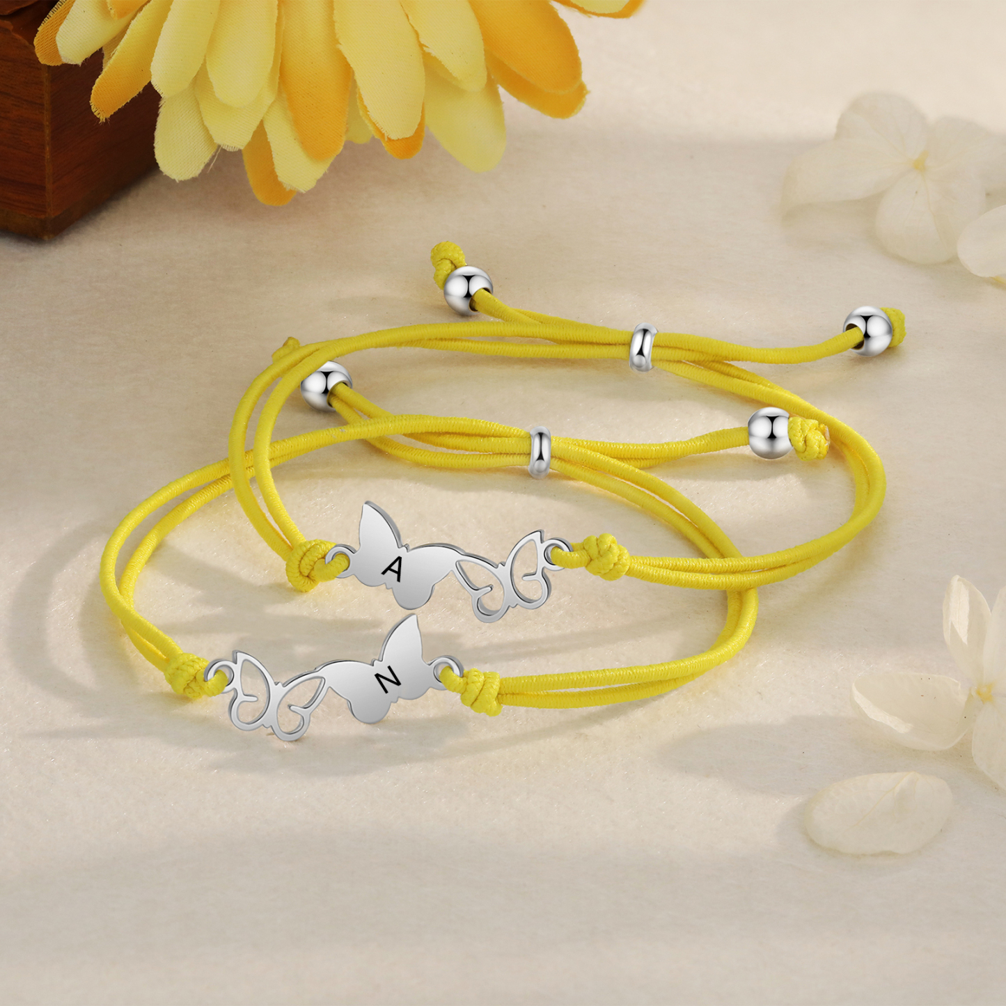 2-PCS Personalized Elastic Cord Bracelet with Butterfly Pattern, Customized with 2 Letters, Gift for Daughter