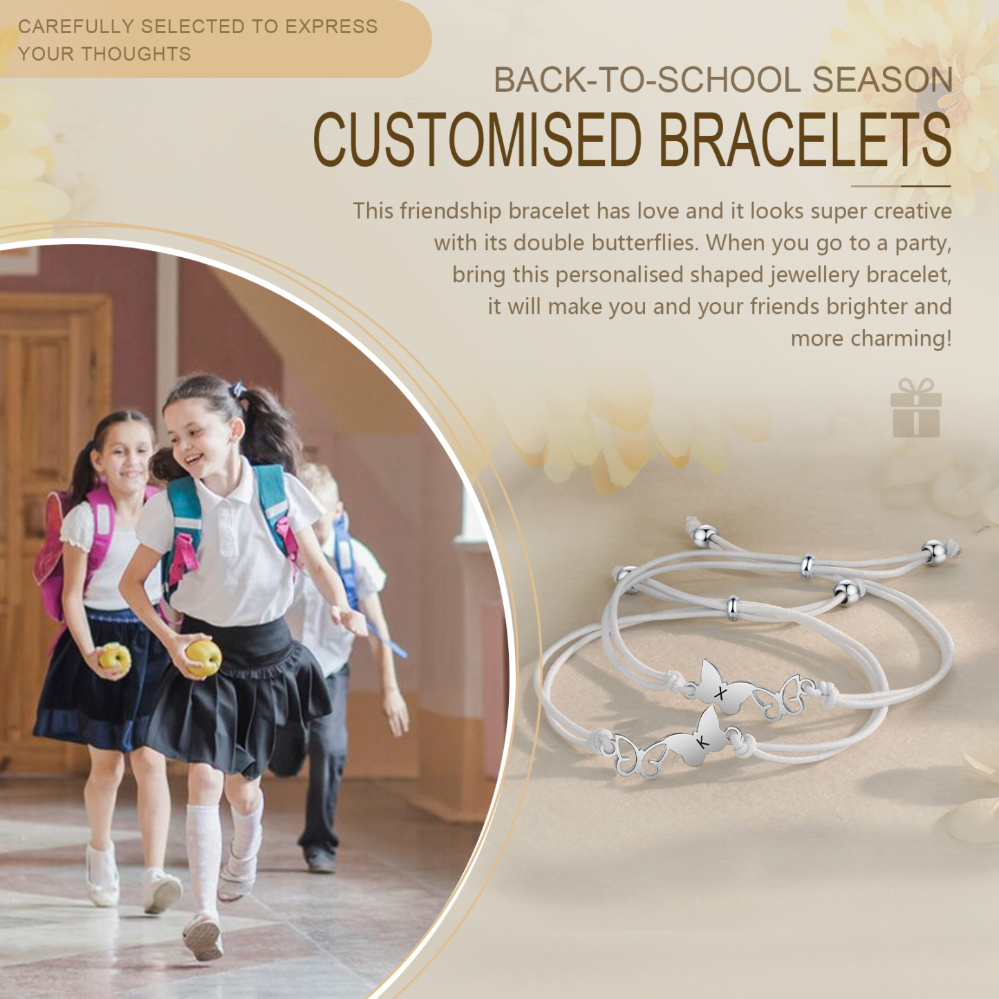 2-PCS Personalized Elastic Cord Bracelet with Butterfly Pattern, Customized with 2 Letters, Gift for Daughter