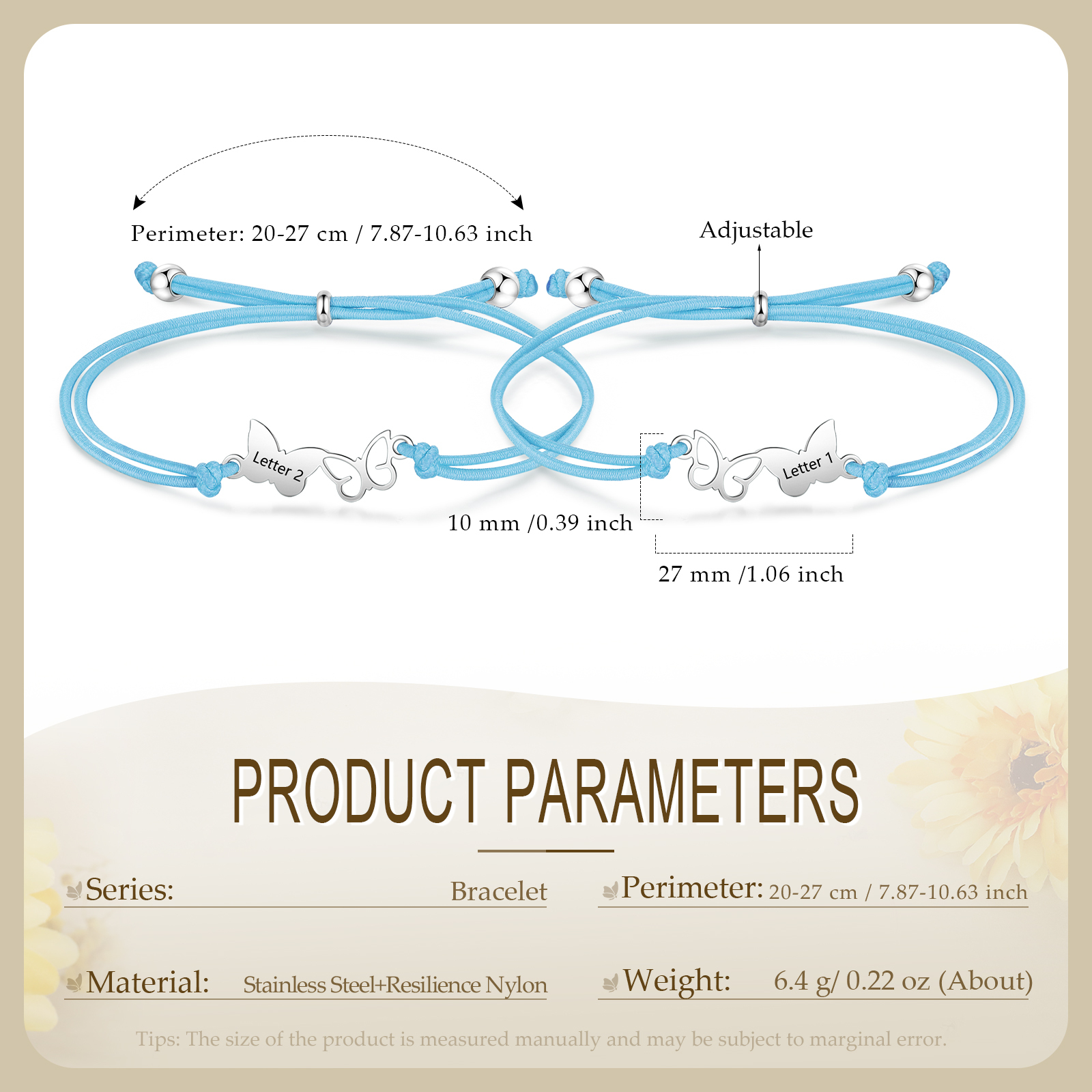 2-PCS Personalized Elastic Cord Bracelet with Butterfly Pattern, Customized with 2 Letters, Gift for Daughter