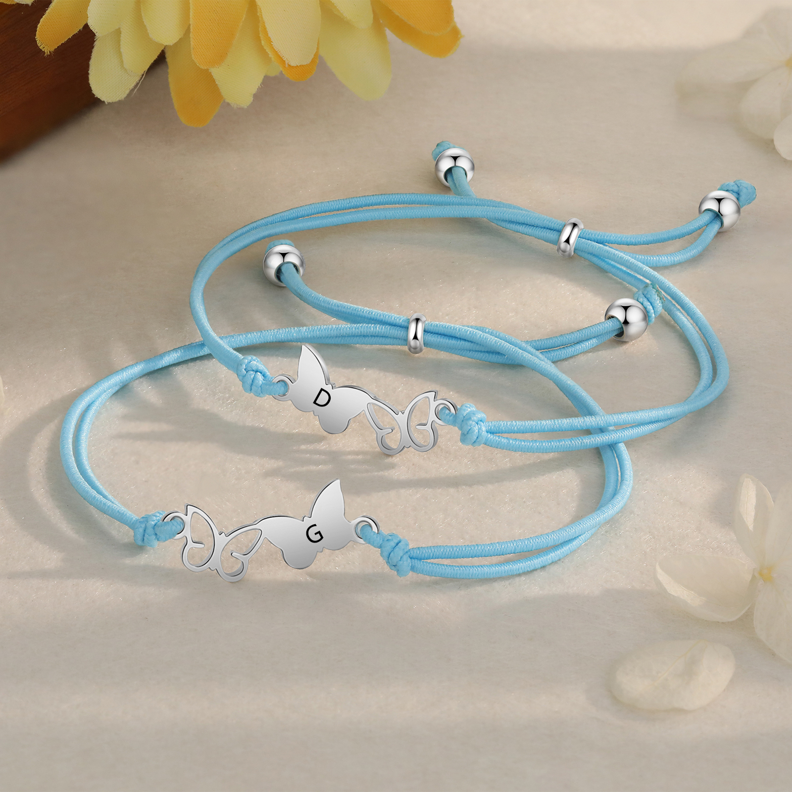 2-PCS Personalized Elastic Cord Bracelet with Butterfly Pattern, Customized with 2 Letters, Gift for Daughter