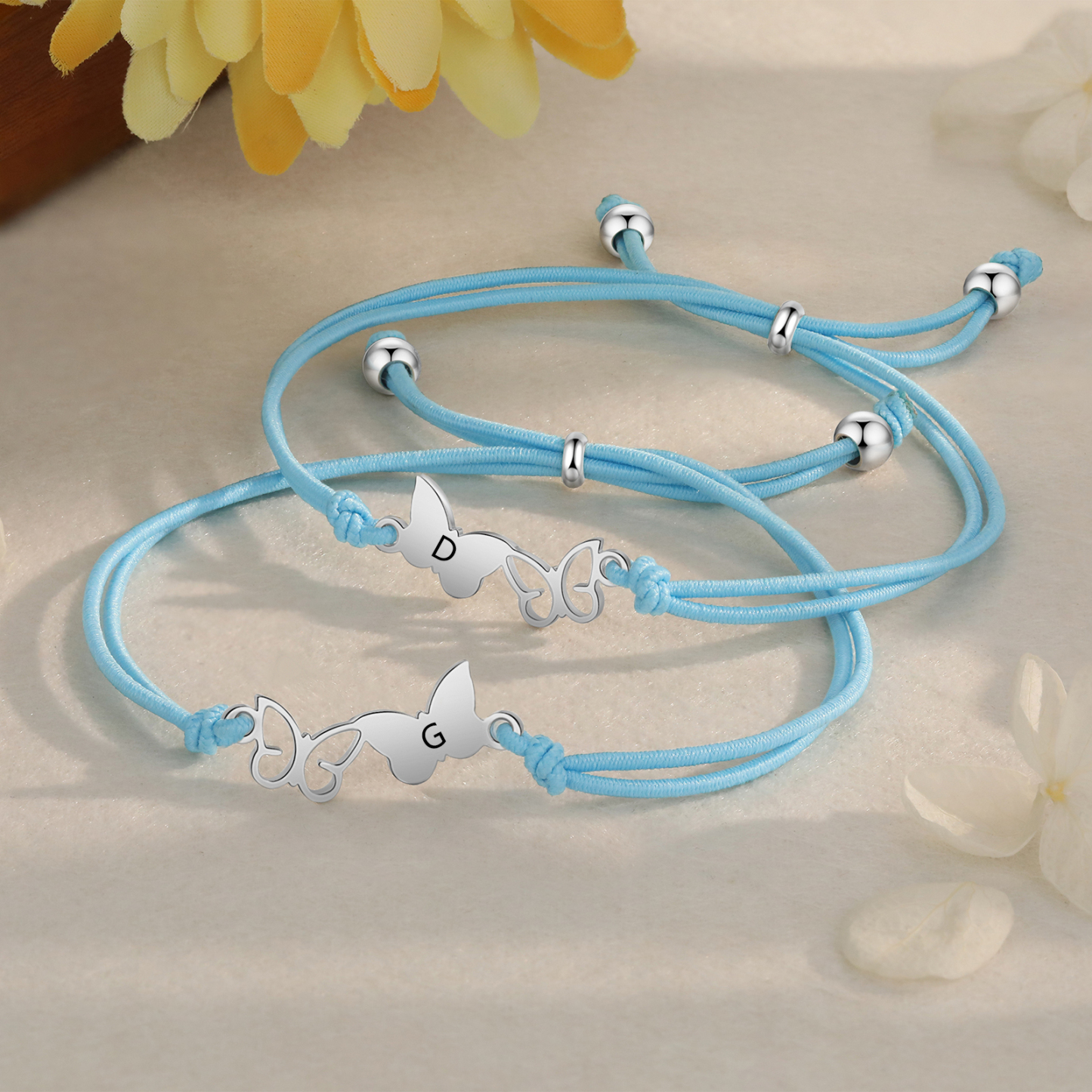 2-PCS Personalized Elastic Cord Bracelet with Butterfly Pattern, Customized with 2 Letters, Gift for Daughter