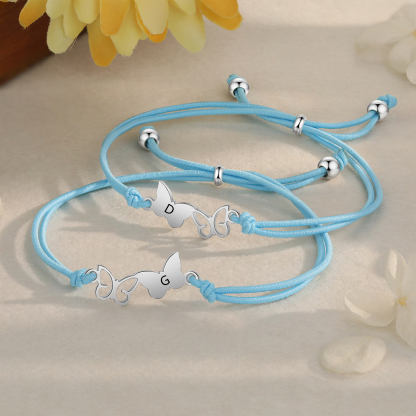 2-PCS Personalized Elastic Cord Bracelet with Butterfly Pattern, Customized with 2 Letters, Gift for Daughter