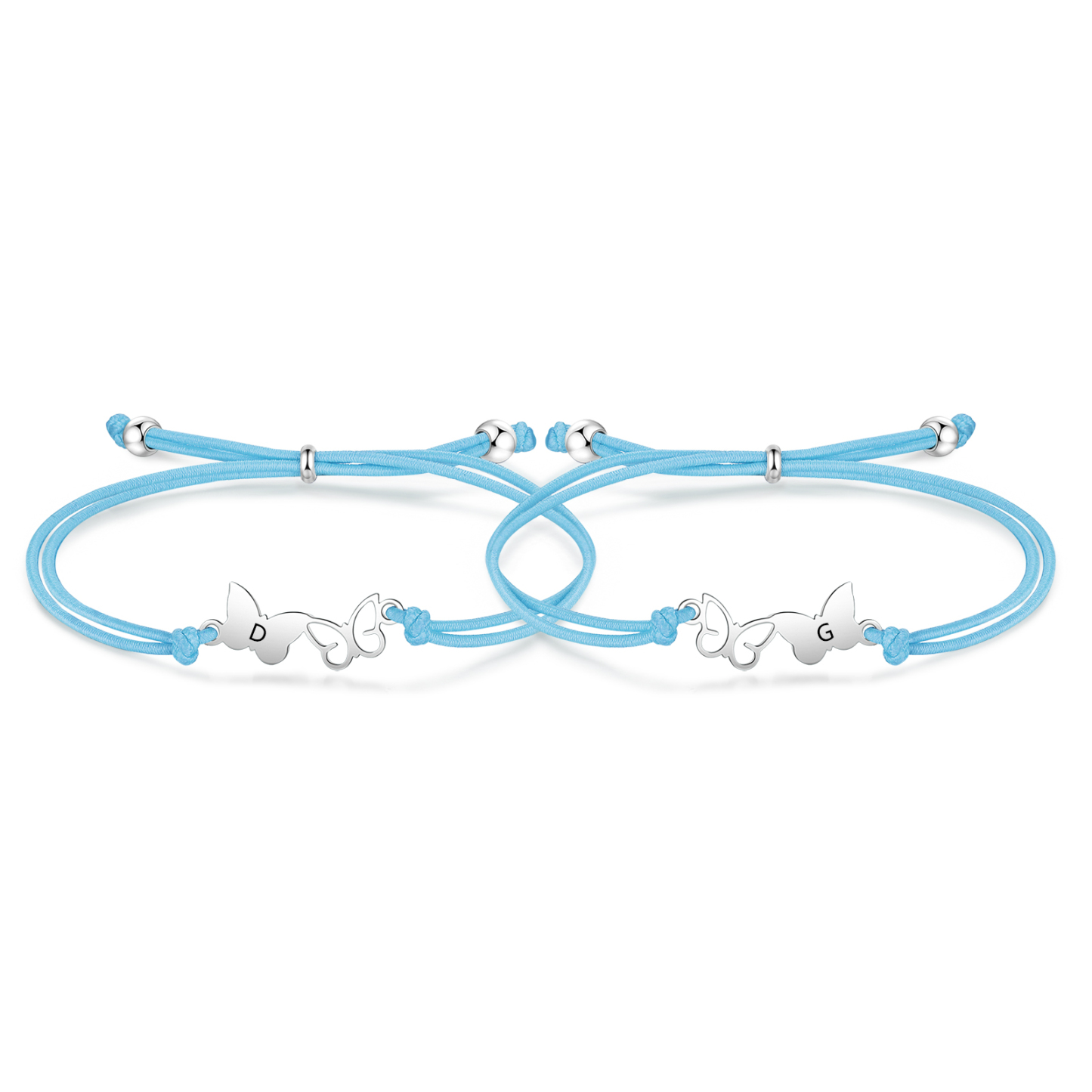 2-PCS Personalized Elastic Cord Bracelet with Butterfly Pattern, Customized with 2 Letters, Gift for Daughter