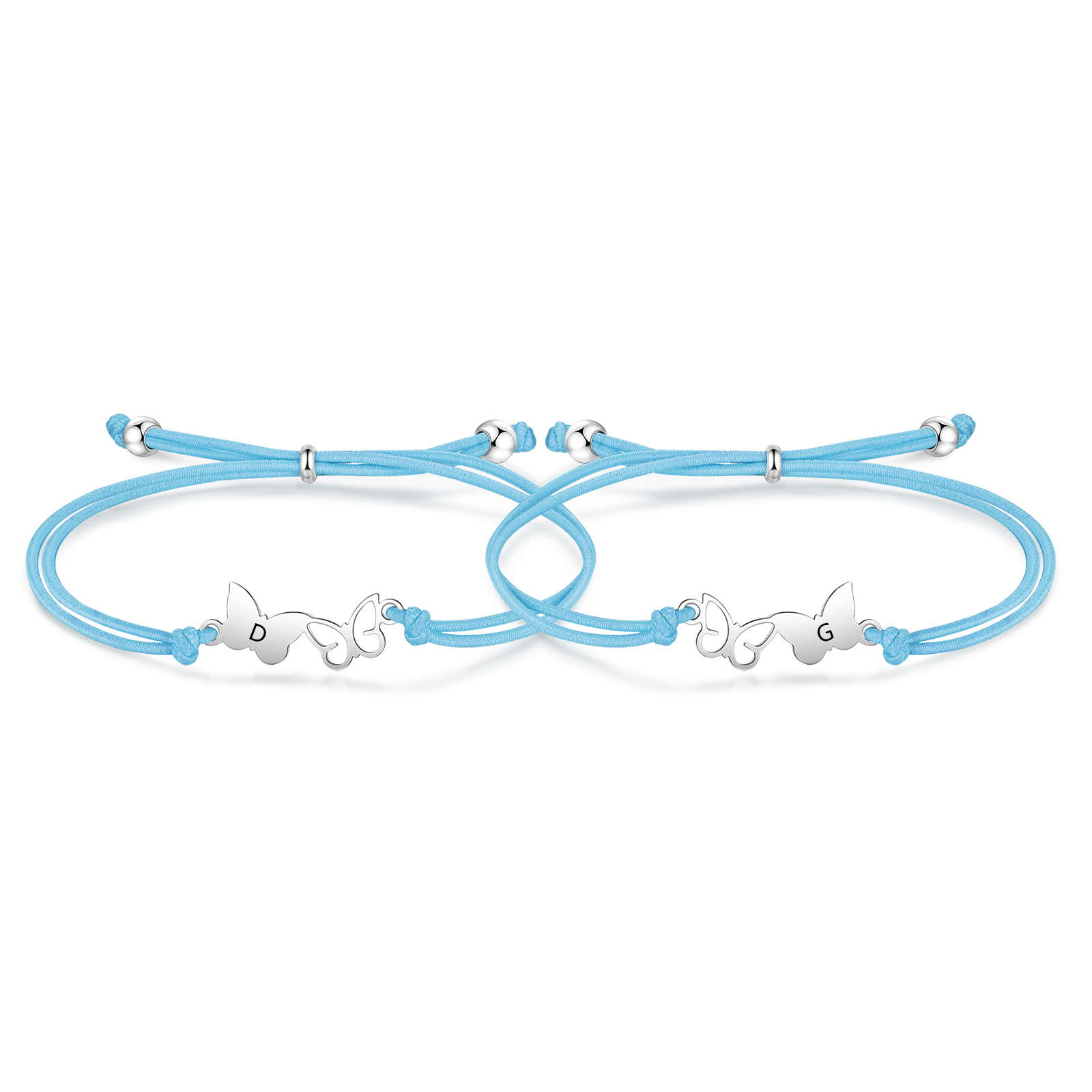 2-PCS Personalized Elastic Cord Bracelet with Butterfly Pattern, Customized with 2 Letters, Gift for Daughter