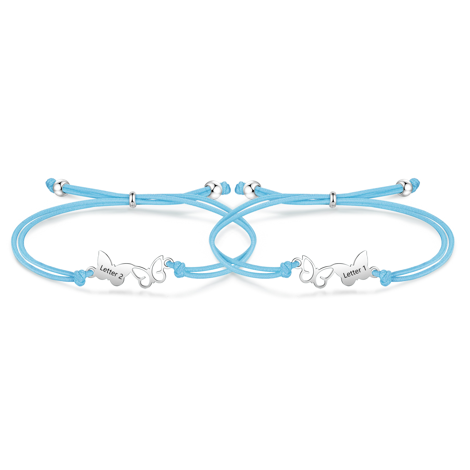 2-PCS Personalized Elastic Cord Bracelet with Butterfly Pattern, Customized with 2 Letters, Gift for Daughter