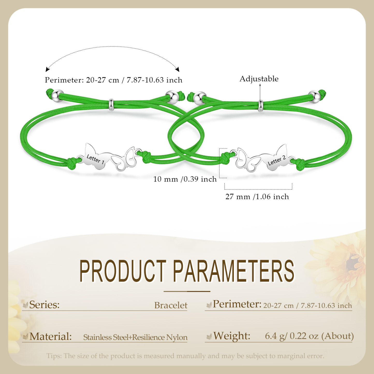 2-PCS Personalized Elastic Cord Bracelet with Butterfly Pattern, Customized with 2 Letters, Gift for Daughter