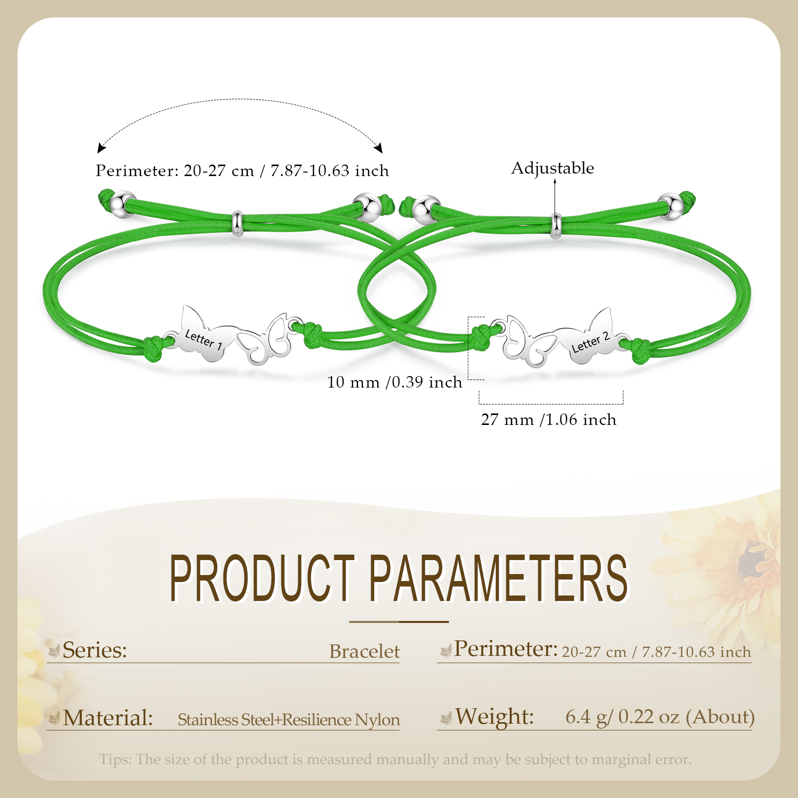 2-PCS Personalized Elastic Cord Bracelet with Butterfly Pattern, Customized with 2 Letters, Gift for Daughter