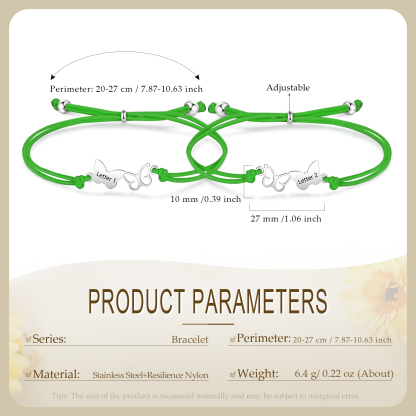 2-PCS Personalized Elastic Cord Bracelet with Butterfly Pattern, Customized with 2 Letters, Gift for Daughter
