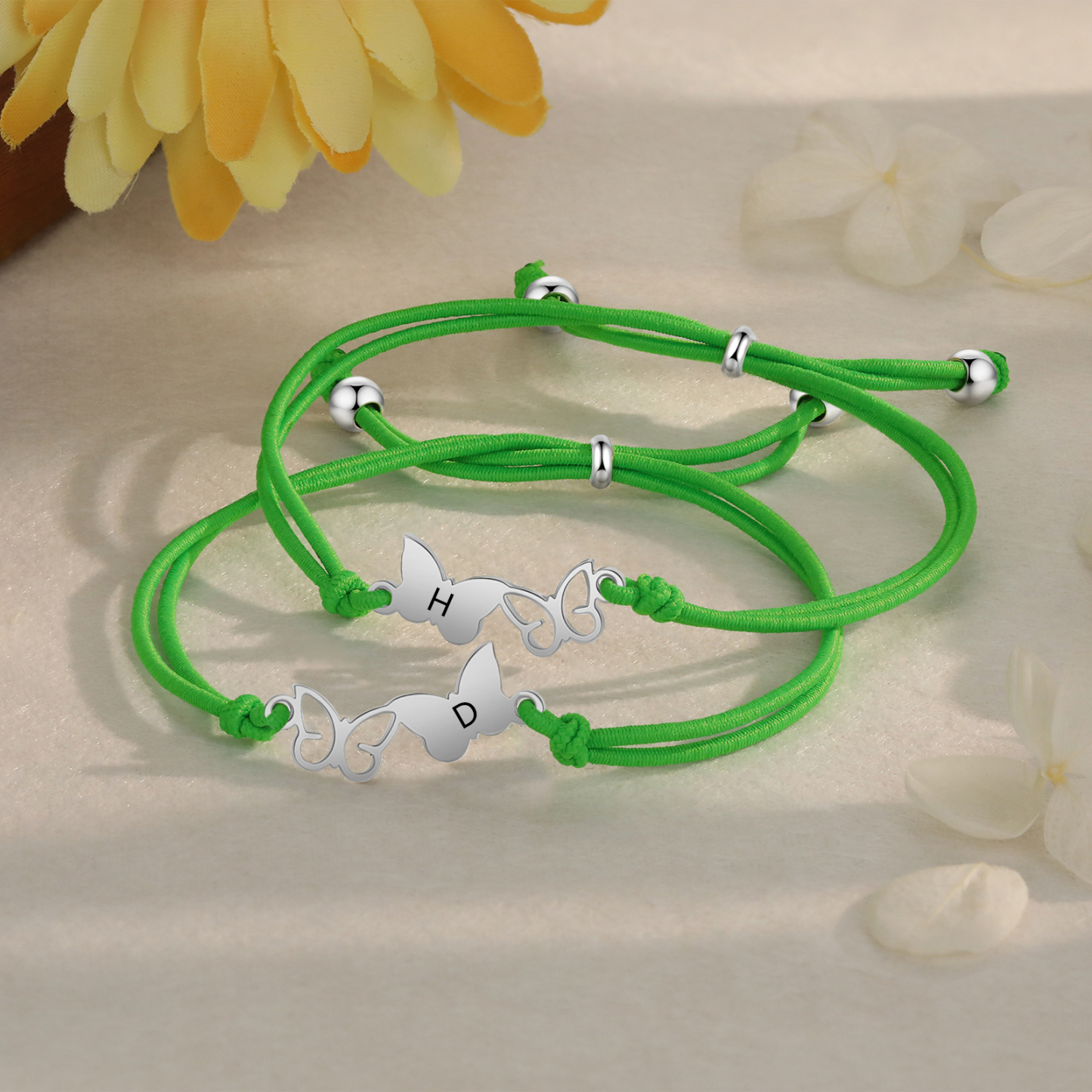 2-PCS Personalized Elastic Cord Bracelet with Butterfly Pattern, Customized with 2 Letters, Gift for Daughter