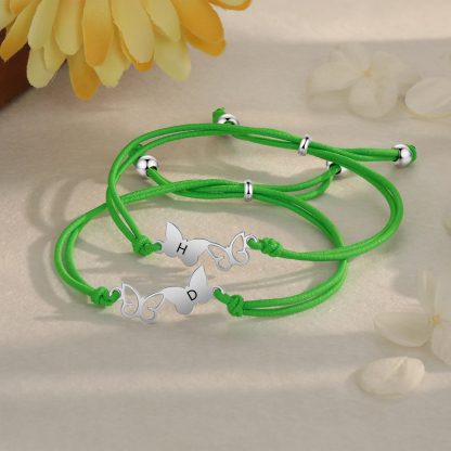 2-PCS Personalized Elastic Cord Bracelet with Butterfly Pattern, Customized with 2 Letters, Gift for Daughter