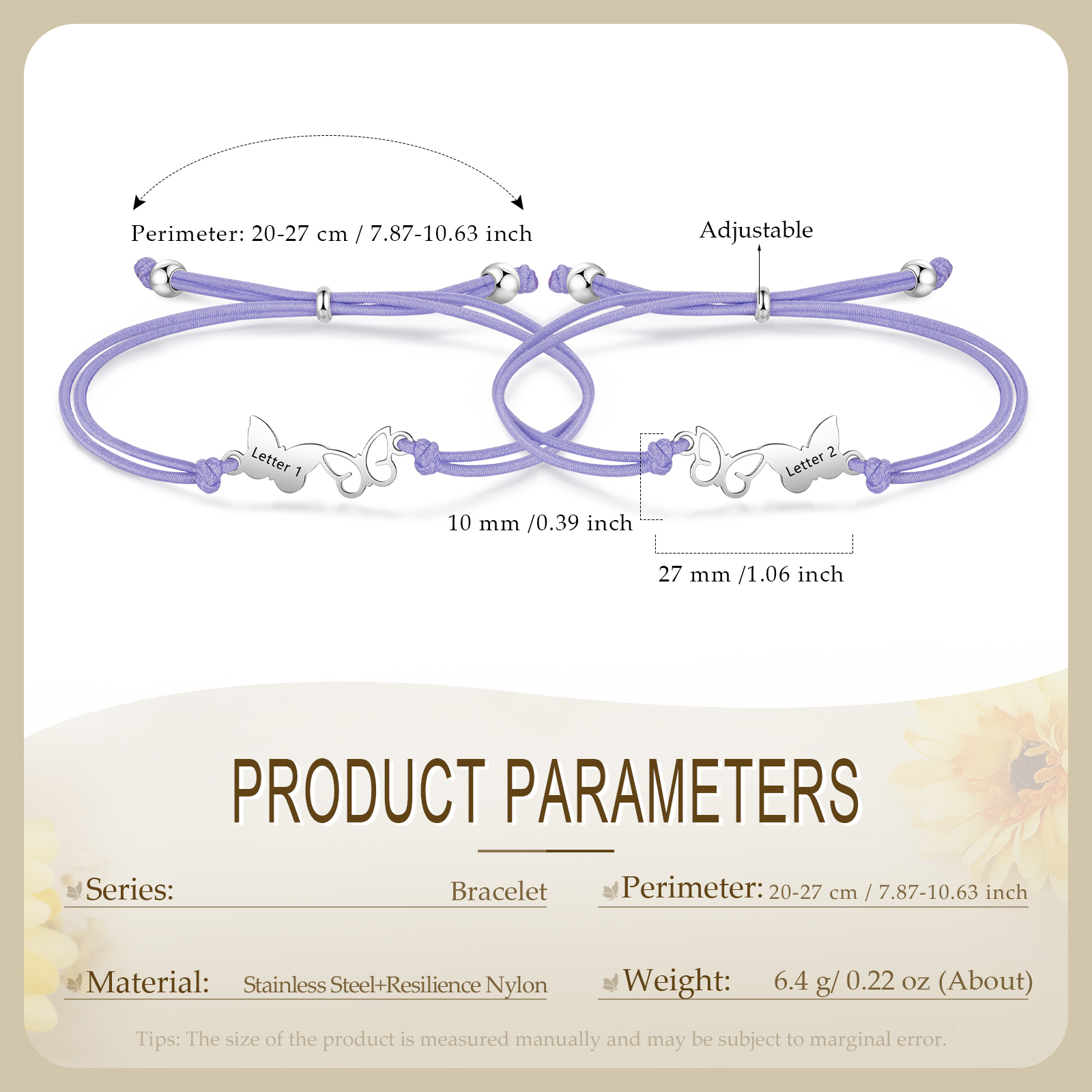 2-PCS Personalized Elastic Cord Bracelet with Butterfly Pattern, Customized with 2 Letters, Gift for Daughter