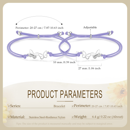 2-PCS Personalized Elastic Cord Bracelet with Butterfly Pattern, Customized with 2 Letters, Gift for Daughter