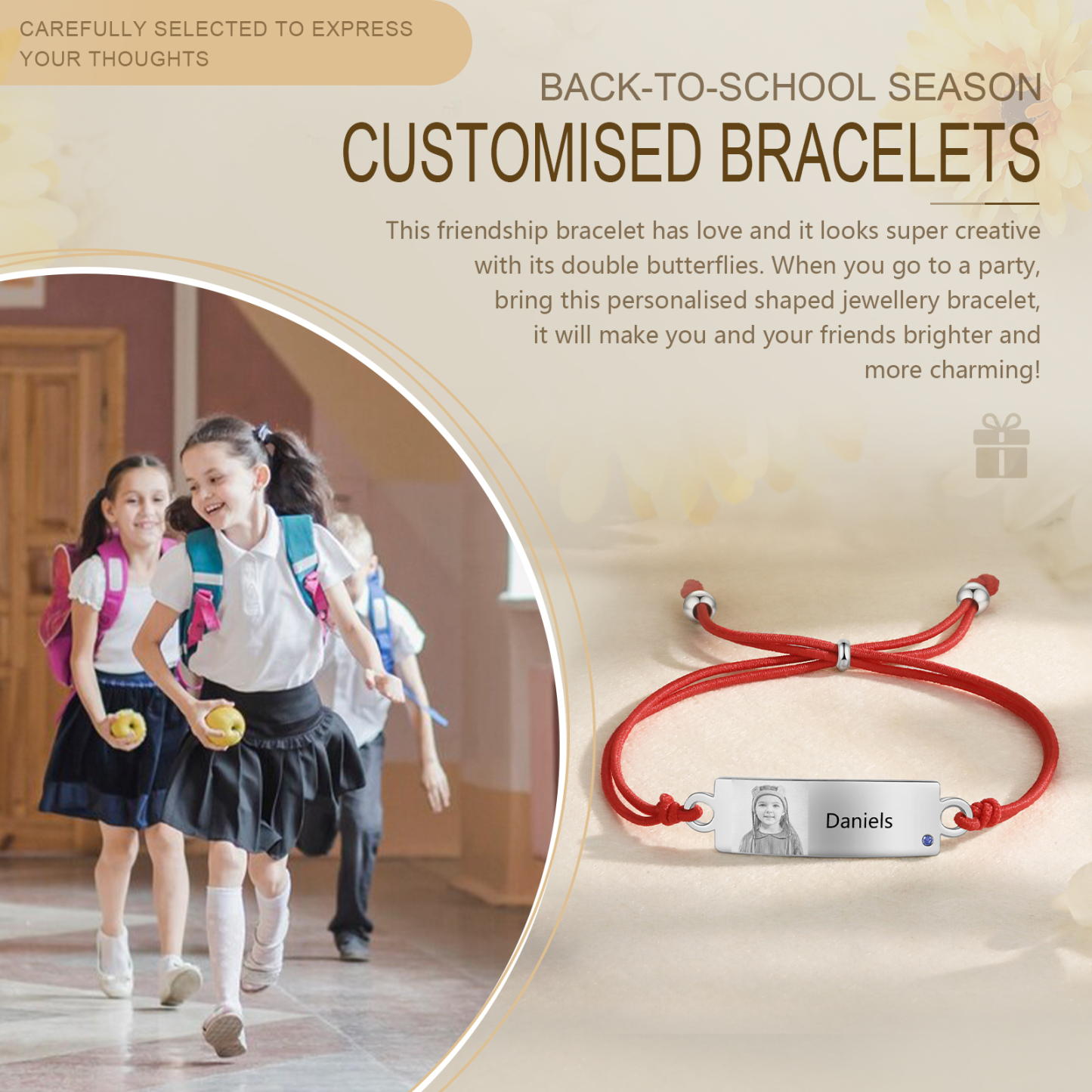 Personalized Custom Photo & Name & Birthstone Elastic Rope Stainless Steel Bracelet Adjustable Back To School Gift For Children