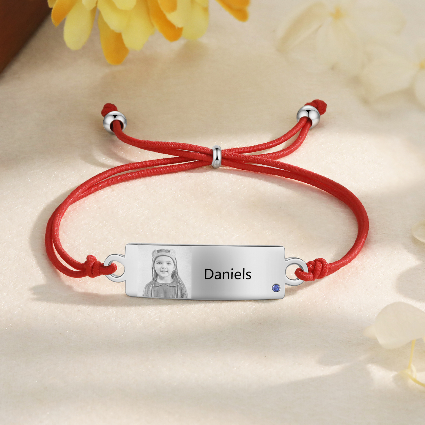 Personalized Custom Photo & Name & Birthstone Elastic Rope Stainless Steel Bracelet Adjustable Back To School Gift For Children