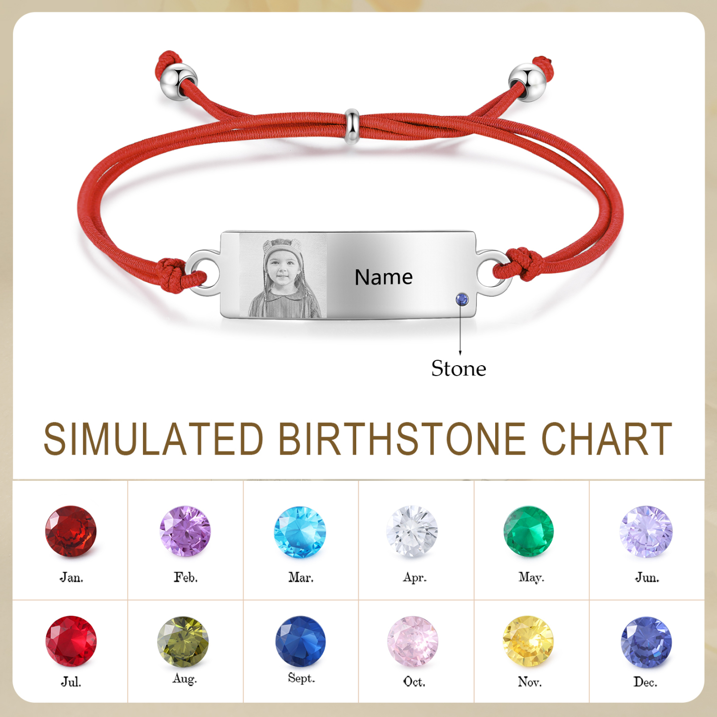 Personalized Custom Photo & Name & Birthstone Elastic Rope Stainless Steel Bracelet Adjustable Back To School Gift For Children