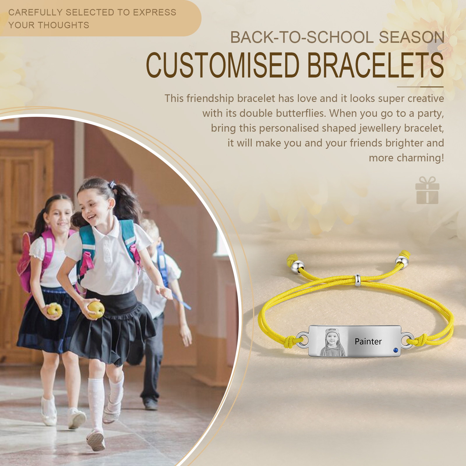 Personalized Custom Photo & Name & Birthstone Elastic Rope Stainless Steel Bracelet Adjustable Back To School Gift For Children