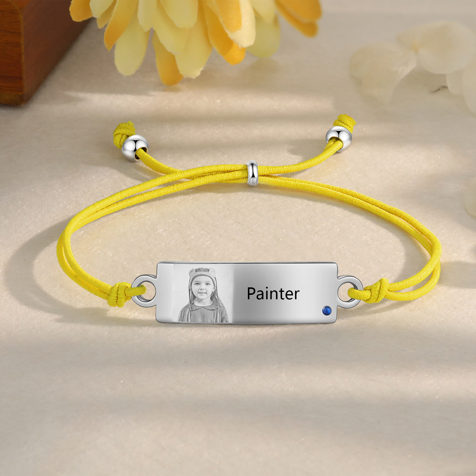 Personalized Custom Photo & Name & Birthstone Elastic Rope Stainless Steel Bracelet Adjustable Back To School Gift For Children