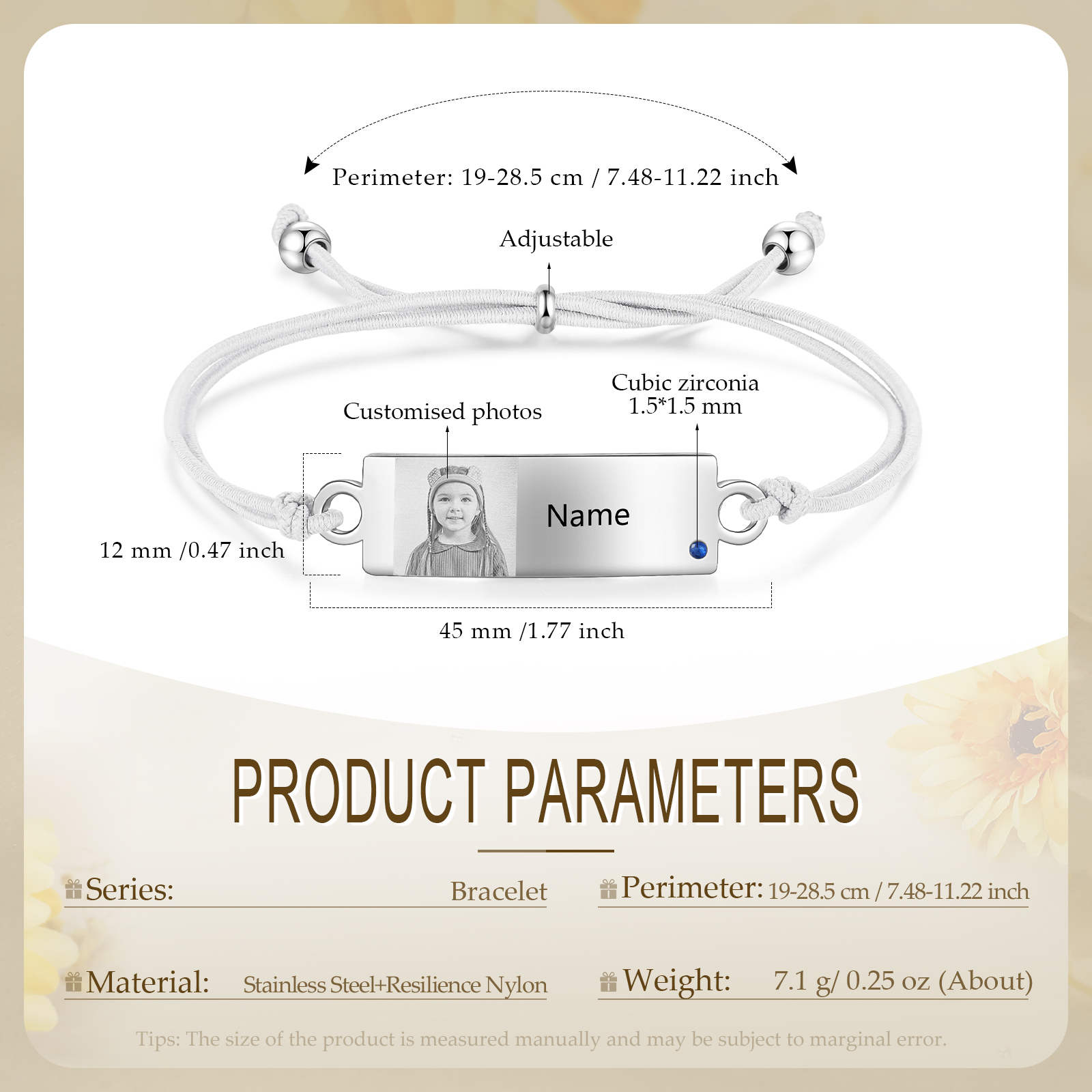 Personalized Custom Photo & Name & Birthstone Elastic Rope Stainless Steel Bracelet Adjustable Back To School Gift For Children