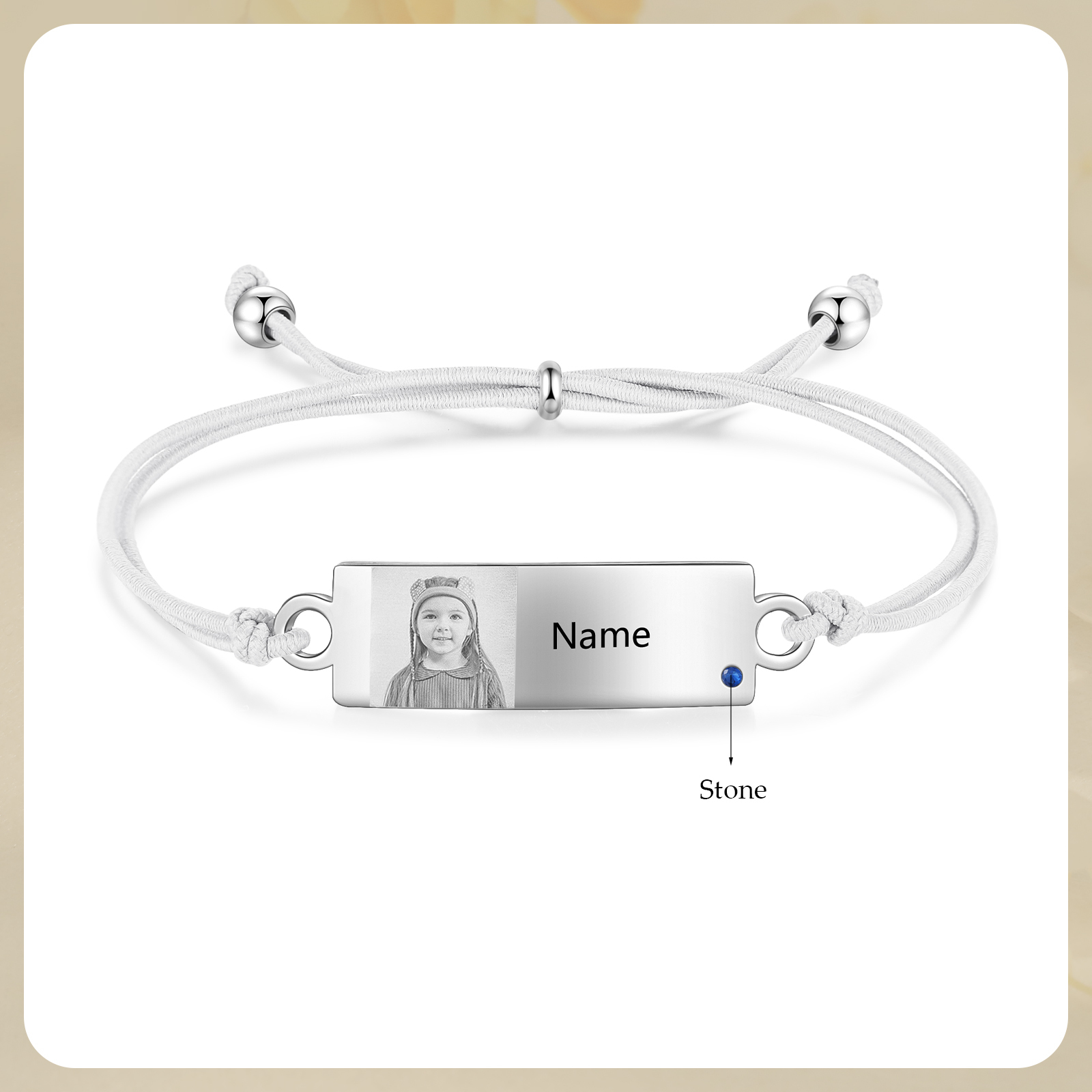 Personalized Custom Photo & Name & Birthstone Elastic Rope Stainless Steel Bracelet Adjustable Back To School Gift For Children