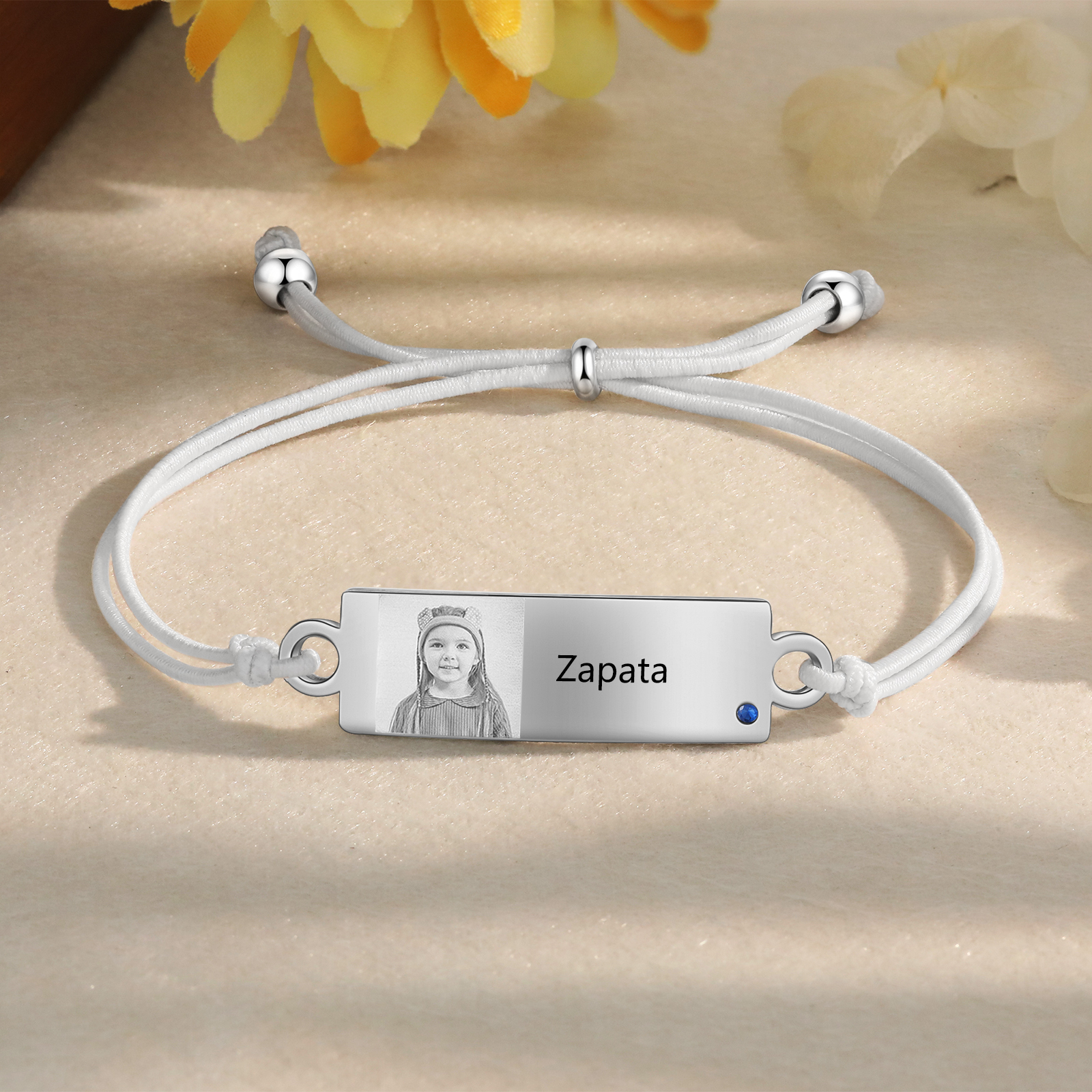 Personalized Custom Photo & Name & Birthstone Elastic Rope Stainless Steel Bracelet Adjustable Back To School Gift For Children