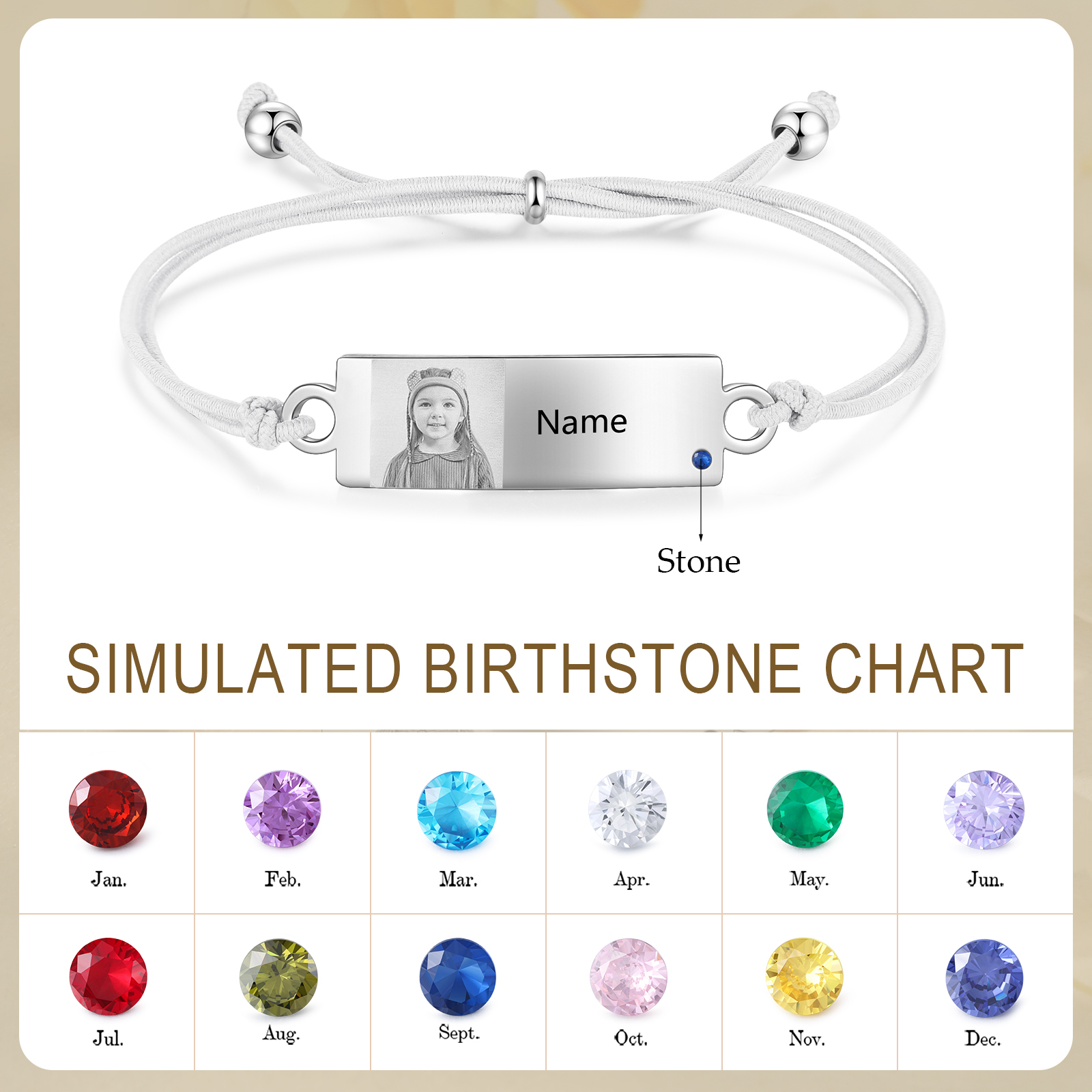 Personalized Custom Photo & Name & Birthstone Elastic Rope Stainless Steel Bracelet Adjustable Back To School Gift For Children